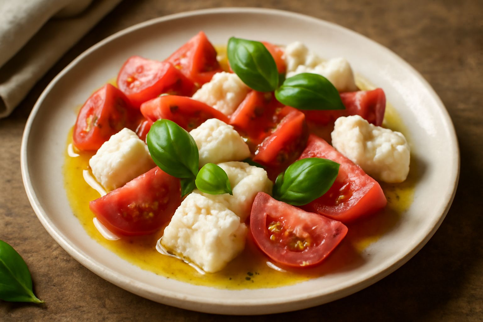 Insalata in piatto bianco con pomodori rossi a spicchi, mozzarella bianca in pezzi cremosi, foglie di basilico fresco verde, condimento d'olio d'oliva che luccica, contorno di insalata sul bordo del p
