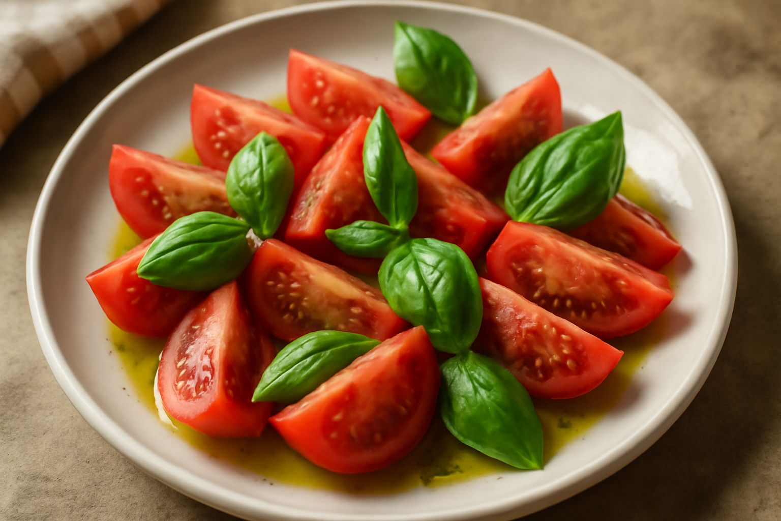 Piatto bianco con spicchi di pomodoro rosso vivo, foglie di basilico verde intenso sparse in superficie, filo di olio extravergine color ambra, qualche goccia di succo di pomodoro nel fondo del piatto