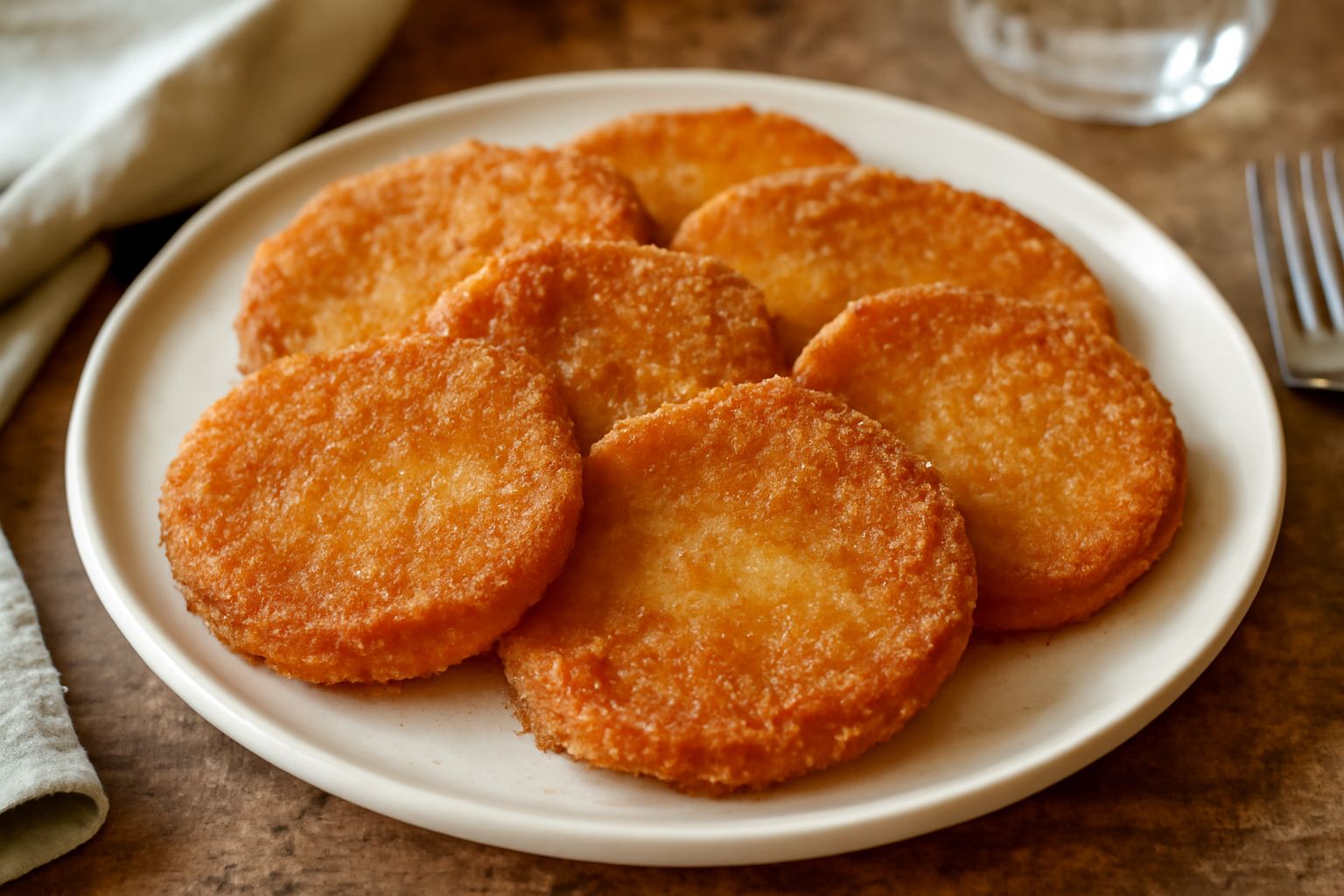 Pomodori fritti disposti su un piatto bianco, dorati e croccanti, ricoperti di panatura friabile, con qualche goccia d'olio ancora brillante sulla superficie