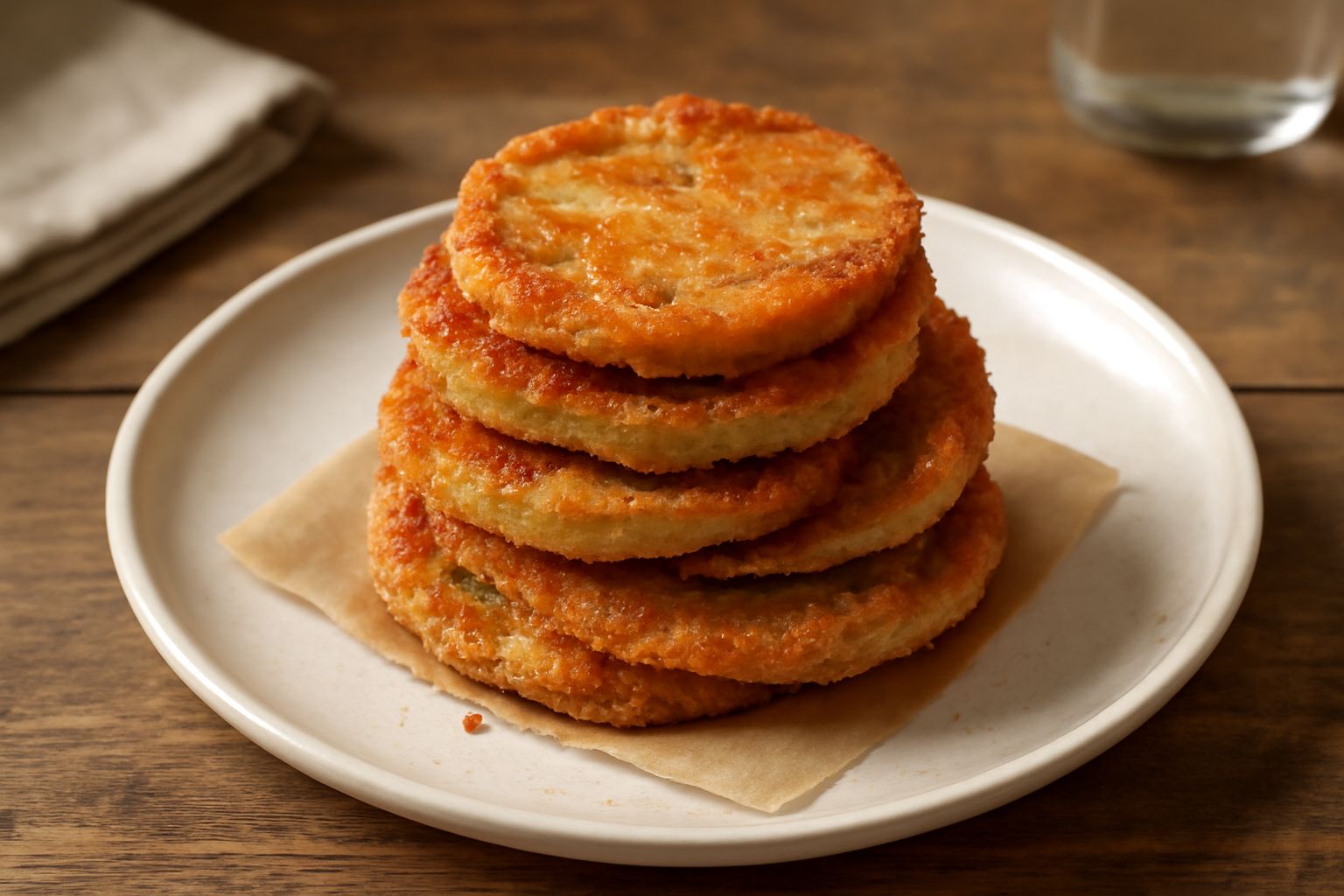 Pomodori verdi fritti dorati e croccanti impilati su carta assorbente bianca, con una ciotola di salsa di pomodoro fresca a lato