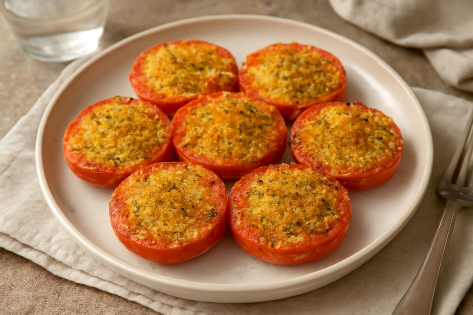 Piatto bianco con sei metà di pomodoro rosso coperte da pangrattato dorato, aglio slicciato e prezzemolo verde fresco, appena uscite dal forno, ancora fumanti