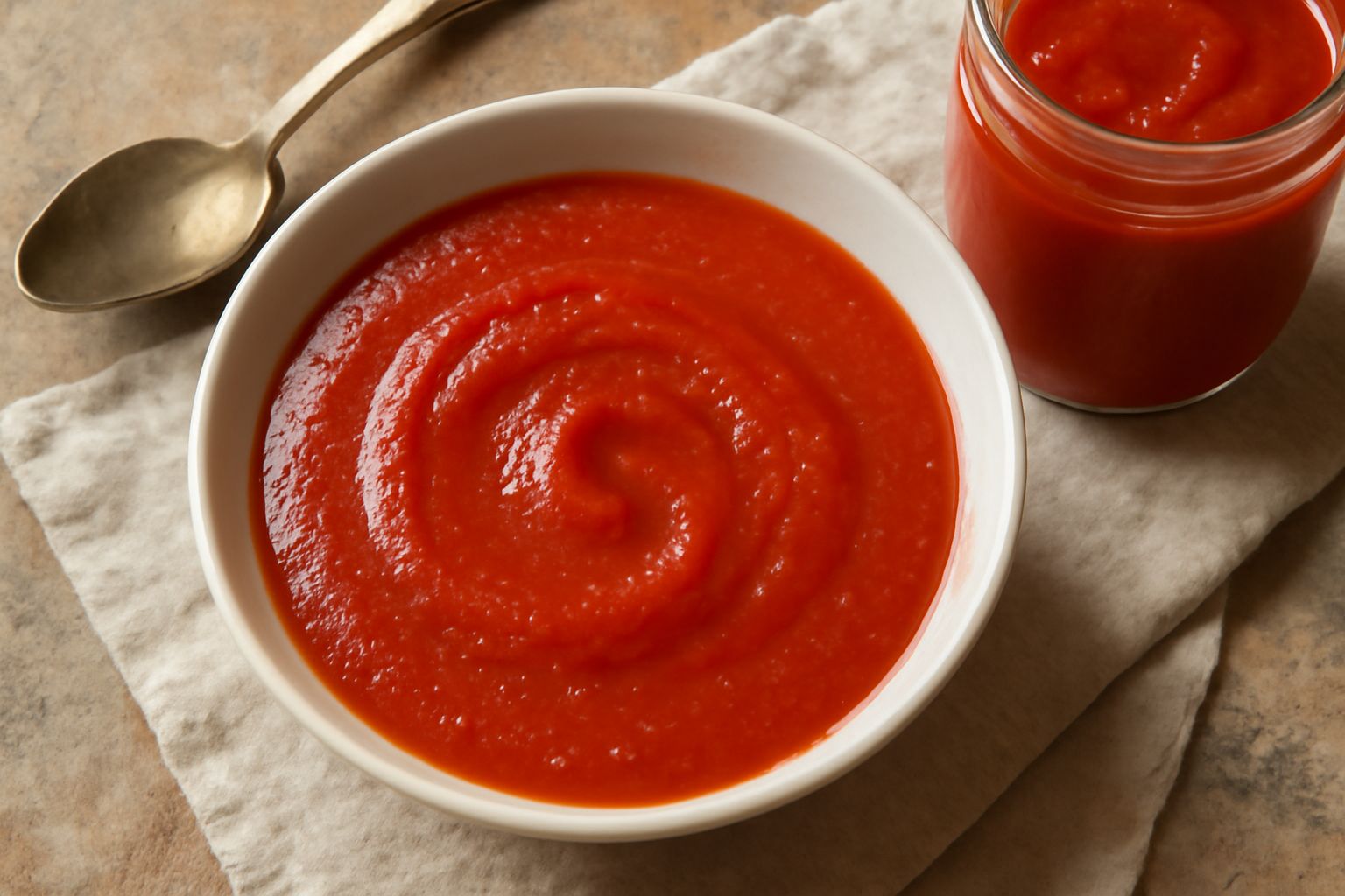 Barattoli di vetro trasparente pieni di pomodori passati rossi intensi, allineati su un ripiano di legno in cucina, con un cucchiaio di legno e pomodori freschi rossi accanto