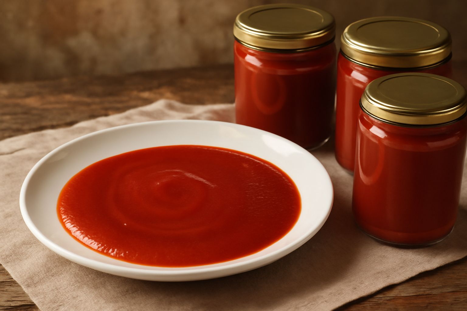 Tre vasetti di vetro trasparente pieni di passata di pomodori rosso scuro, etichettati con la data, disposti su ripiano di legno rustico accanto a pomodori freschi maturi e un cucchiaio di legno