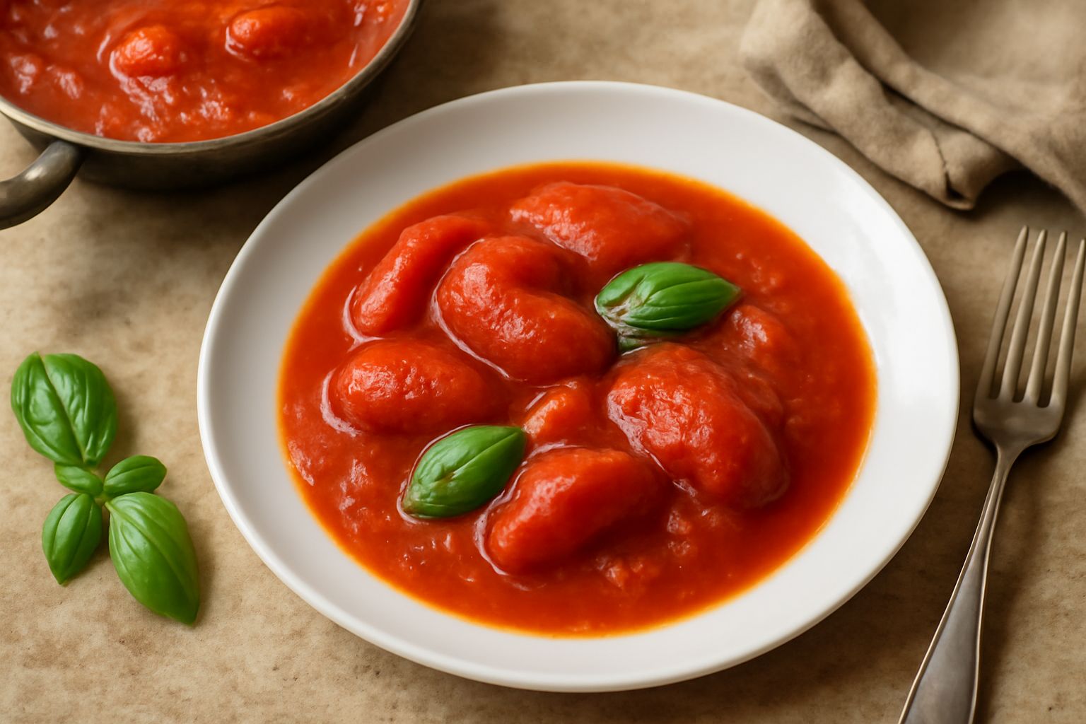 Un piatto bianco con salsa di pomodori rosso acceso, leggermente oleata, con una foglia di basilico fresco al centro e qualche goccia d'olio attorno al bordo