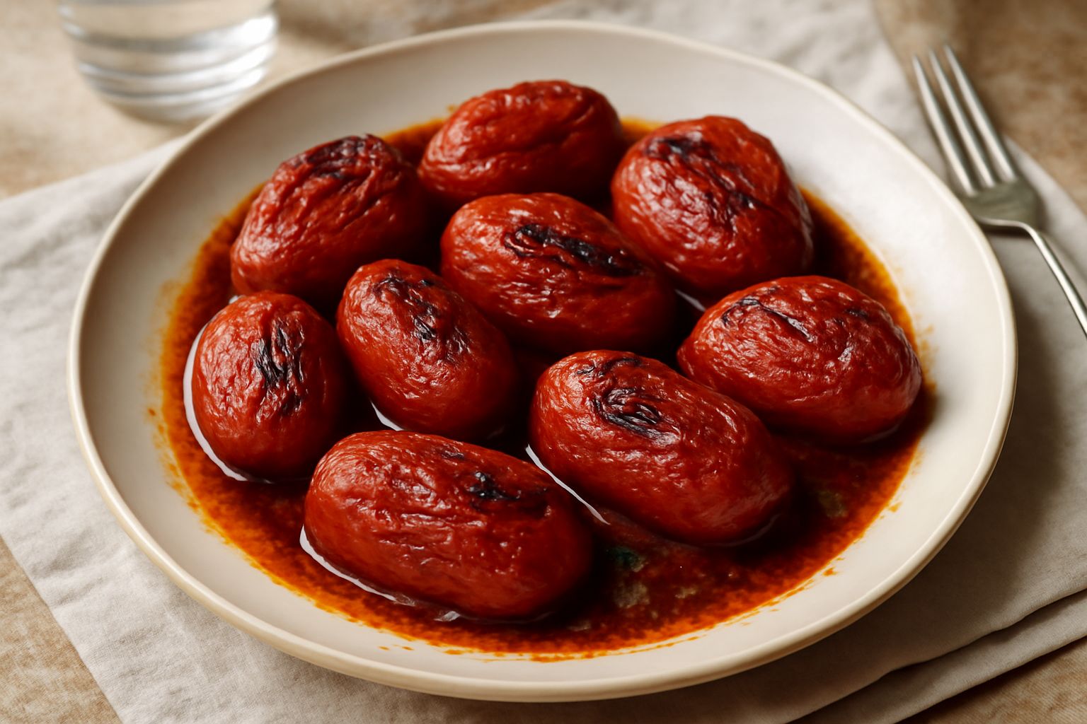 Teglia di pomodori pelati rossi intensi dopo cottura in forno, con buccia leggermente arrossita, olio d'oliva che brilla in superficie, basilico fresco e spicchi d'aglio dispersi tra i frutti