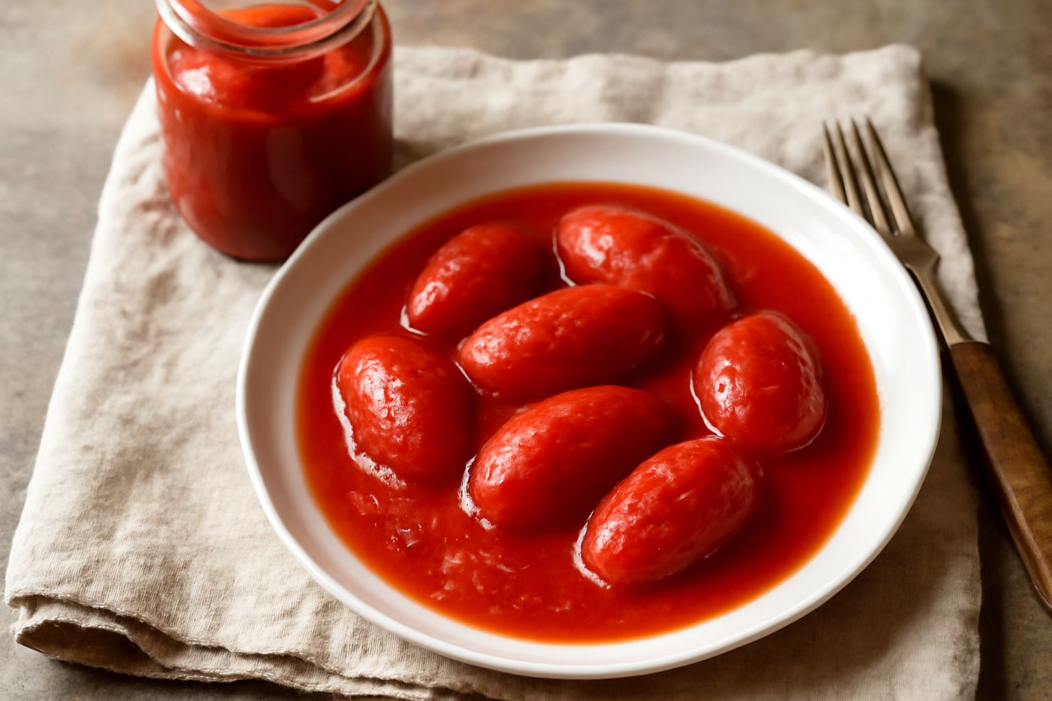 Tre vasetti di vetro trasparente con pomodori pelati rossi scuri immersi in succo di pomodoro, chiusi con tappi dorati, disposti su un ripiano di legno rustico accanto a pomodori freschi rossi e un ra