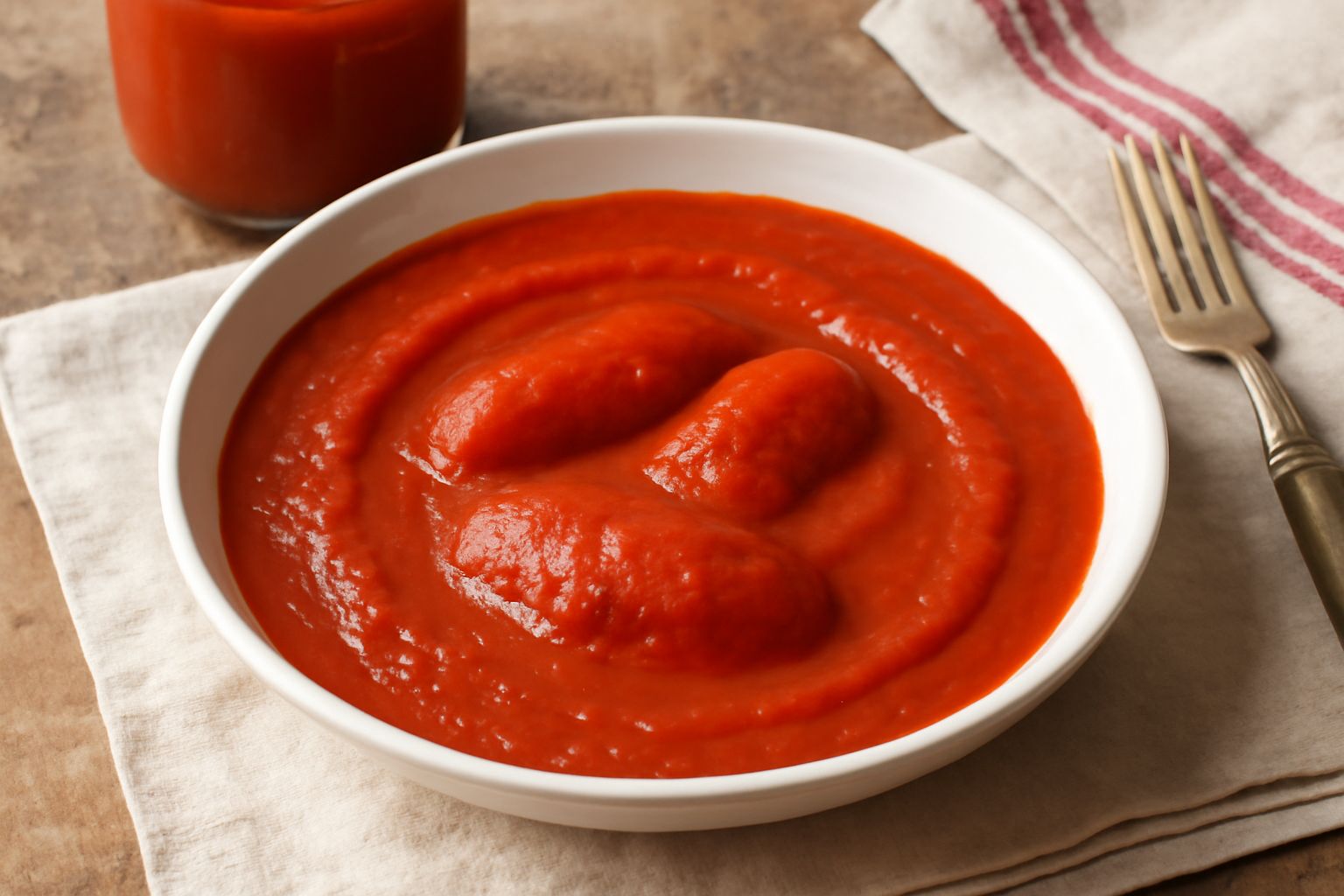 Vasetti di vetro trasparente pieni di pomodori pelati rossi intensi, con la polpa visibile in trasparenza, allineati su una superficie di legno con pomodori freschi e basilico verde accanto