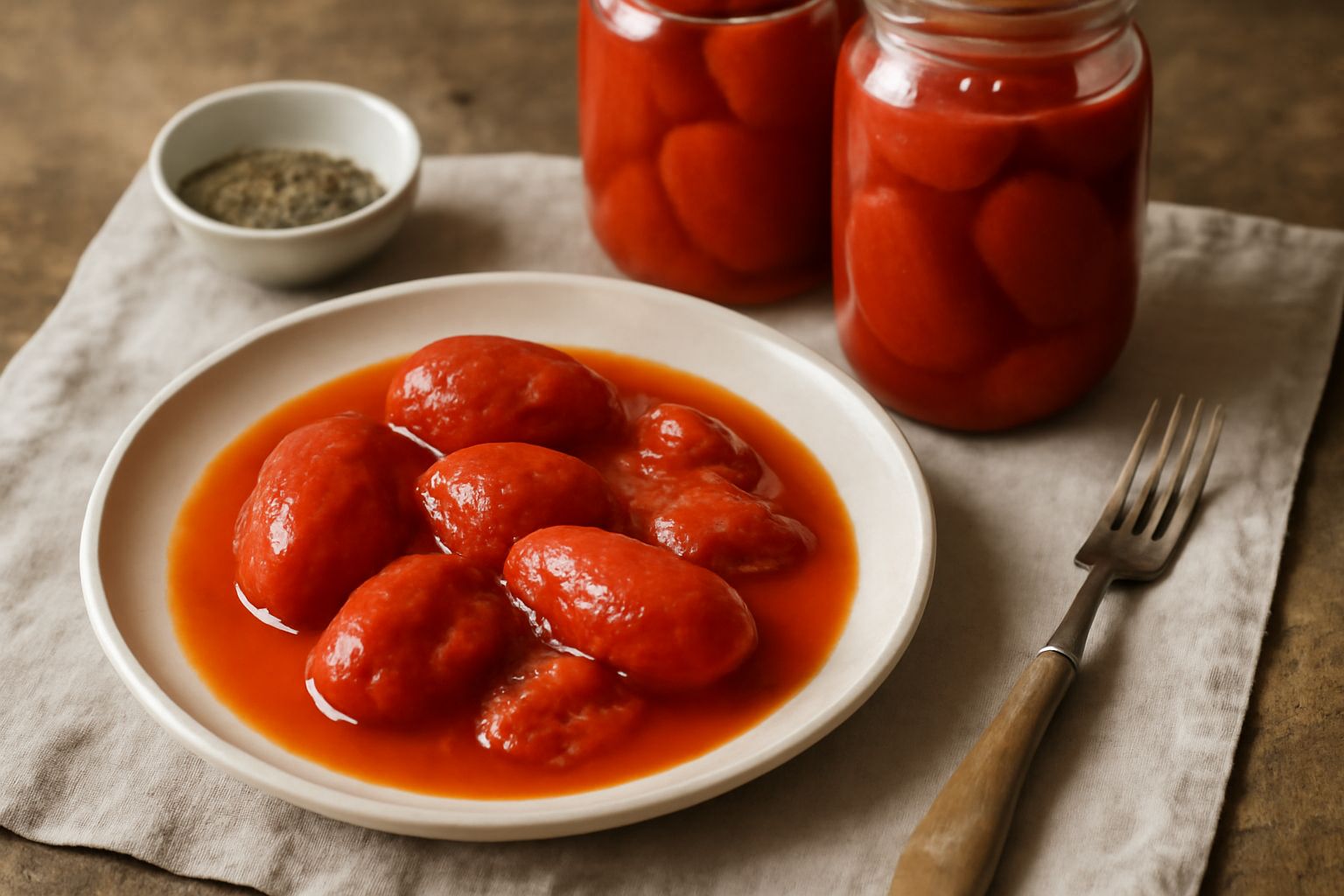 Barattoli di vetro trasparente pieni di pomodori pelati rossi, alcuni ancora interi, altri dimezzati, in un liquido limpido con qualche foglia di basilico, disposti su un piano di legno chiaro con un 