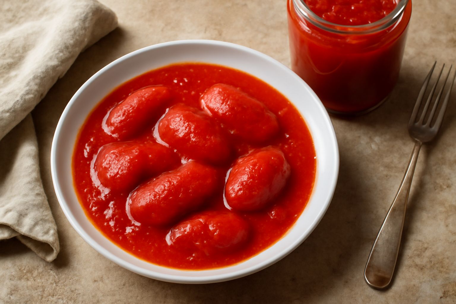 Barattoli di vetro trasparenti pieni di pomodori pelati rossi intenso, con pezzi di pomodoro visibili, etichetta bianca sul davanti, disposti in fila su un tavolo di legno accanto a pomodori freschi r