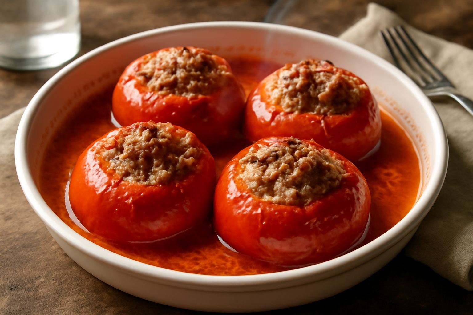 Cinque pomodori ripieni rossi intensi appena sfornati, disposti in una pirofila bianca, con la parte superiore riempita di riso e carne macinata risaltante, contornati da basilico fresco verde e olio 