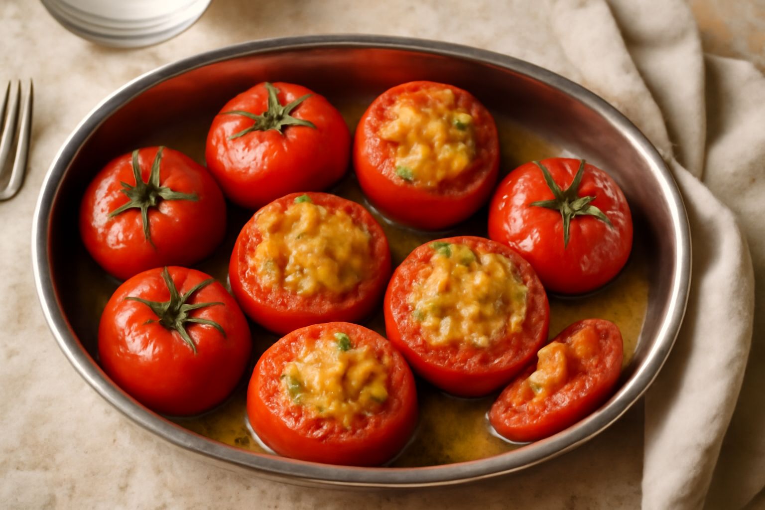 Cinque pomodori rossi ripieni posti in una pirofila, il ripieno visibile sulla sommità leggermente dorato, cotto in forno, con fette di pomodoro e gocce d'olio sulla superficie