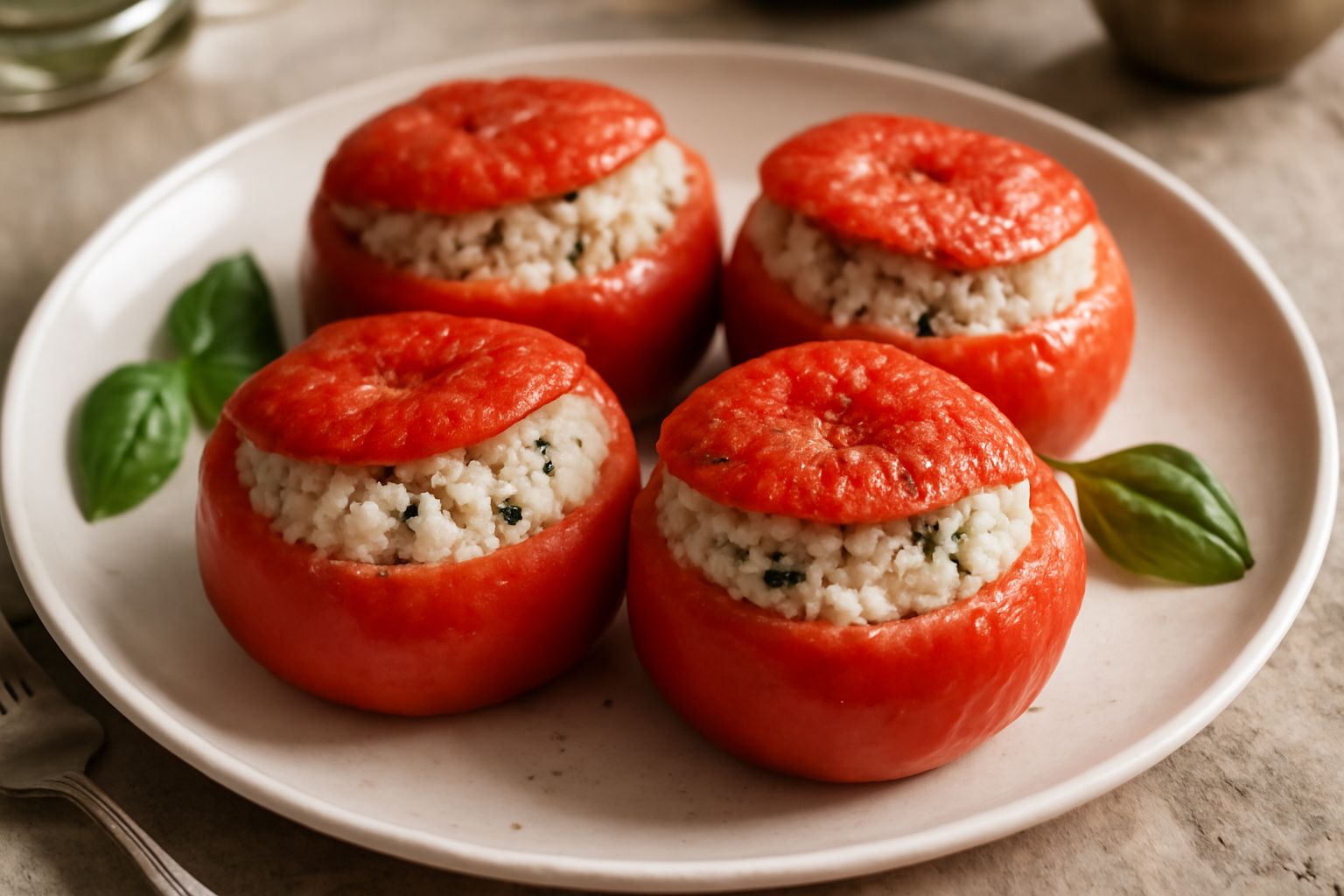 Sei pomodori rossi pieni e sodi, tagliati a metà lungo il diametro, ripieni di riso bianco, basilico verde e prezzemolo, disposti in una pirofila da forno, con un filo d'olio d'oliva dorato che luccic