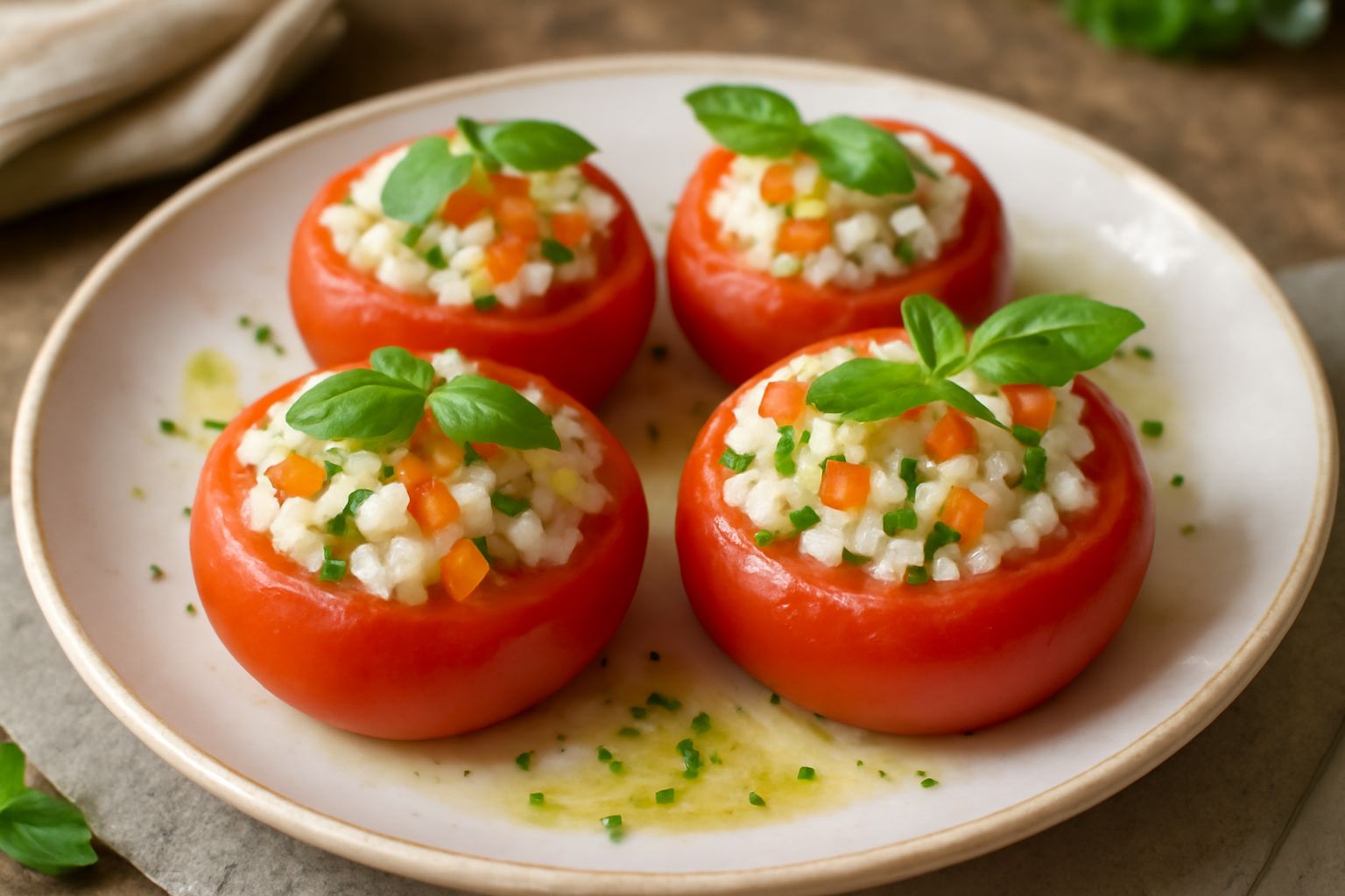Quattro pomodori rossi tagliati a metà riempiti di riso bianco misto a verdure verdi e rosse, disposti su un piatto bianco con basilico fresco attorno