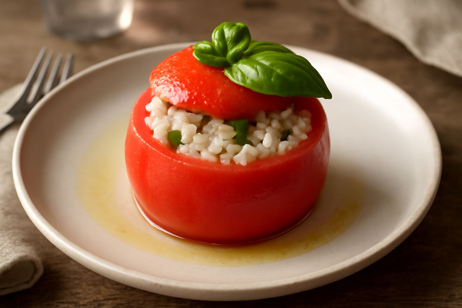 Tre pomodori rossi brillanti ripieni di riso bianco e verdure colorate, decorati con una foglia di basilico fresco, su un piatto bianco con una goccia di olio d'oliva