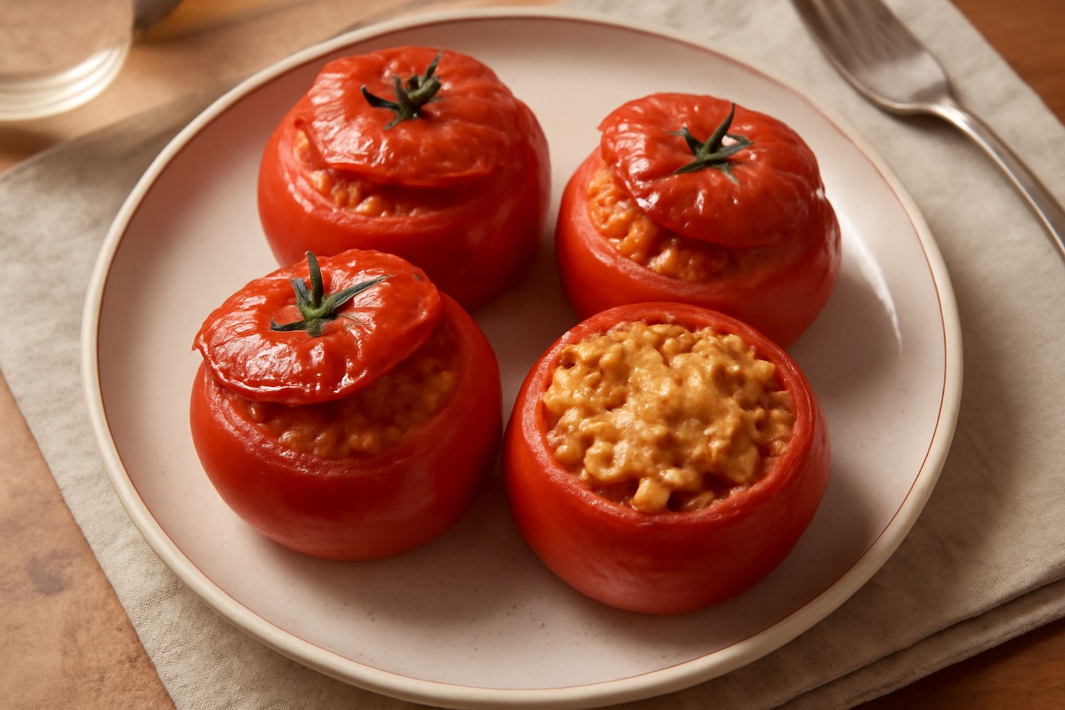 Quattro pomodori rossi brillanti ripieni di pasta ragù e formaggio gratinato, disposti in una teglia da forno, con basilico verde e una leggera doratura in superficie