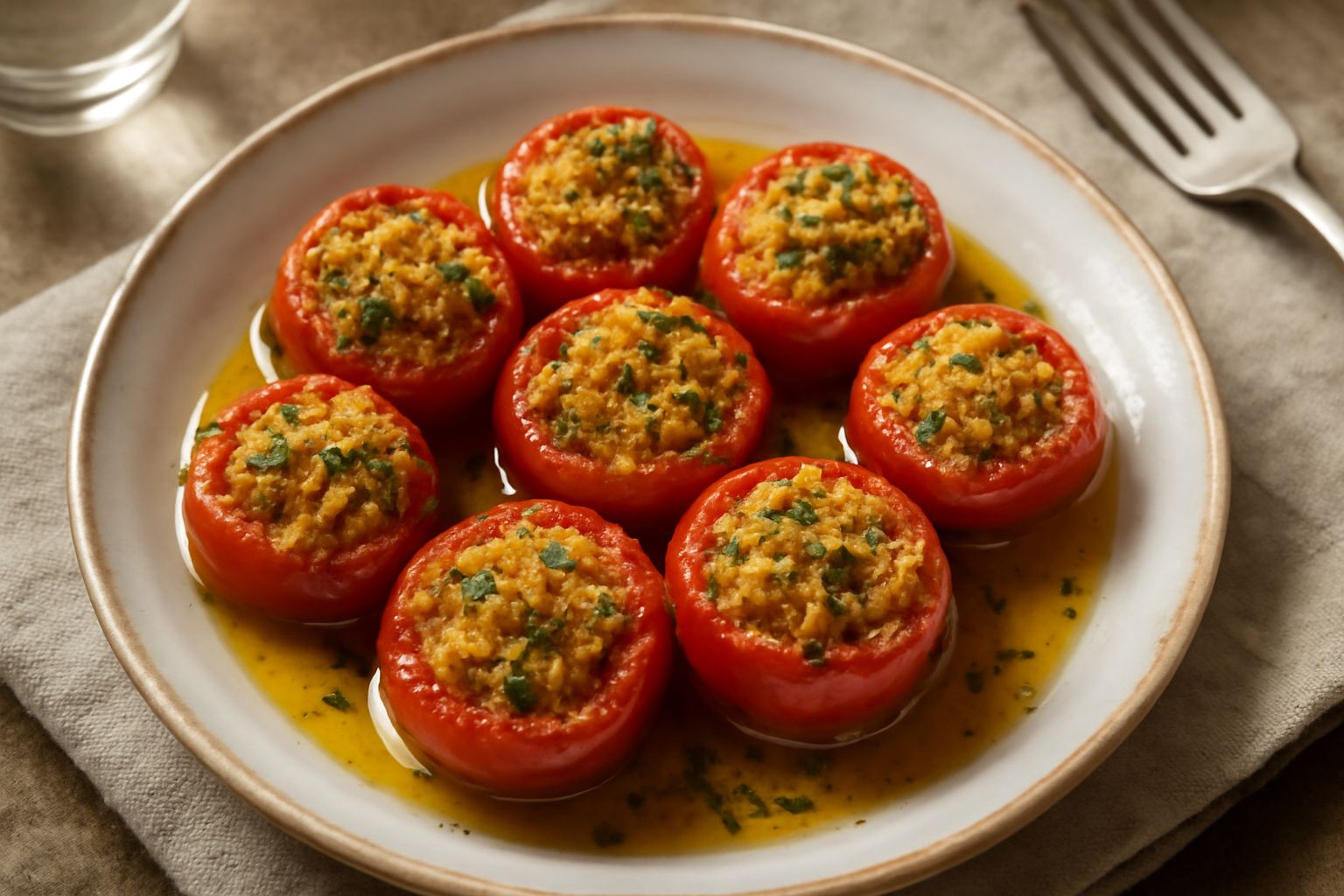 Vasetto di vetro con pomodori ciliegia rossi ripieni, pieni di olio dorato, tagliati a metà e stipati verticalmente, con qualche foglia di prezzemolo verde visibile tra i frutti