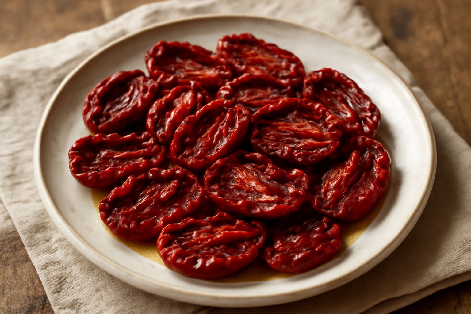Pomodori seccati rosso scuro disposti su carta da forno, alcuni interi e altri tagliati a metà, con leggere rughe sulla superficie e colore uniformemente concentrato