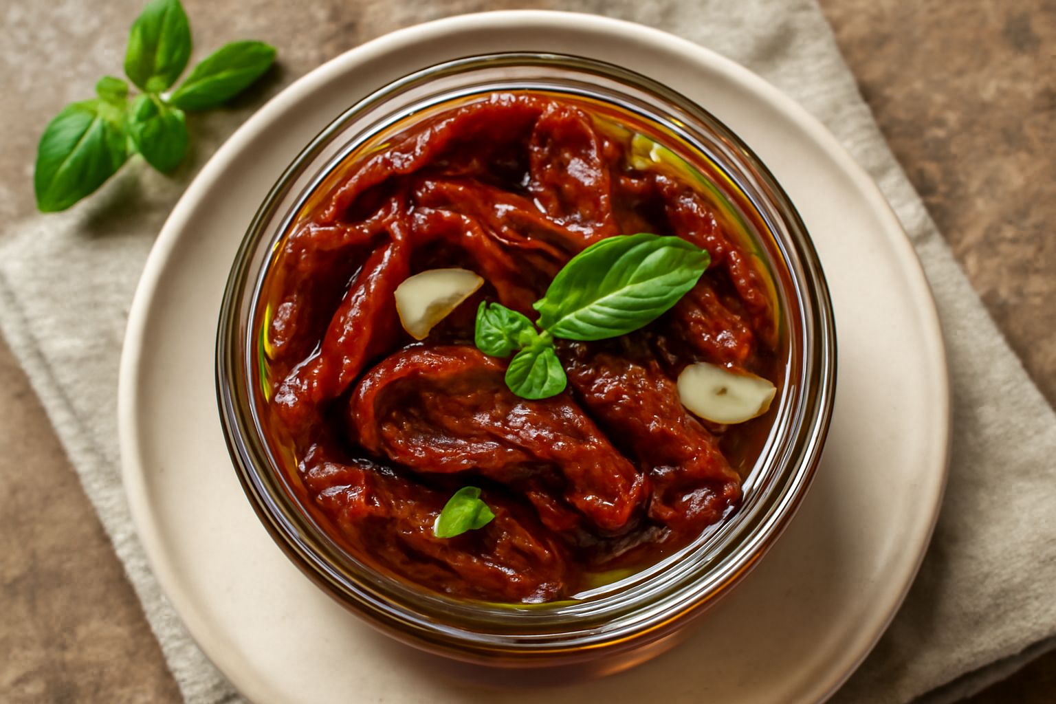Barattolo di vetro con pomodori seccati rosso scuro ricoperti di olio dorato trasparente, con fettine di aglio e foglie di basilico verde, su tavolo di legno chiaro con luce naturale