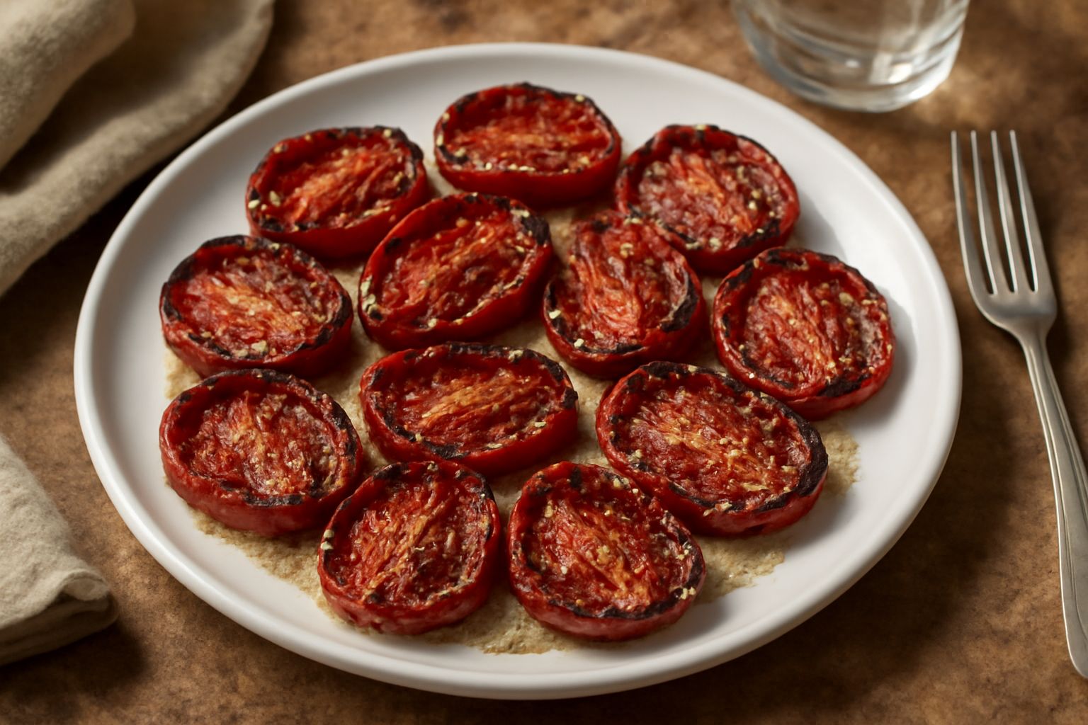 Teglia di pomodori rossi tagliati a metà, disposti con la buccia rivolta verso il basso su carta da forno, lievemente raggrinziti e disidratati, con colore rosso intenso quasi marrone ai bordi