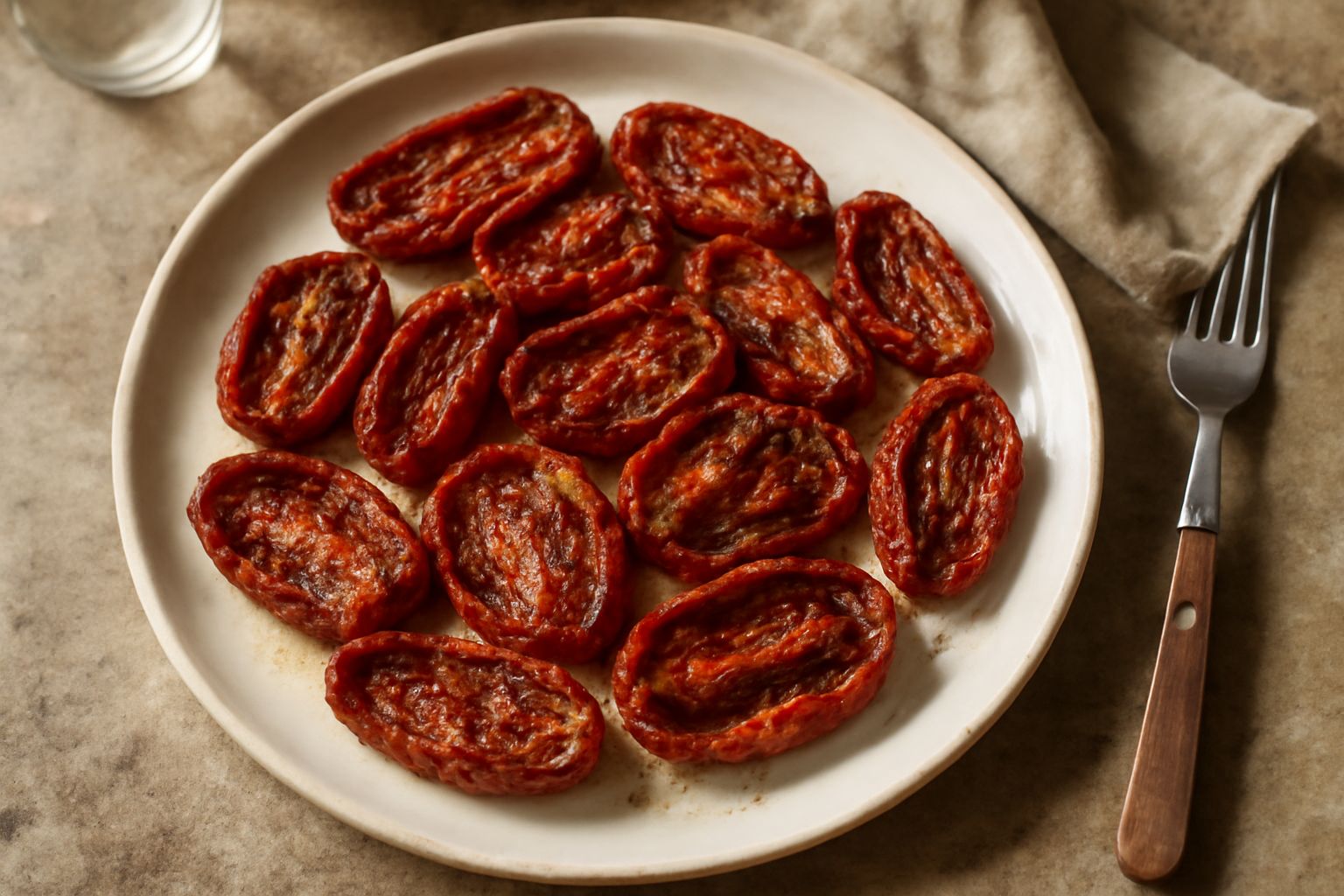 Pomodori rossi secchi tagliati a metà, disposti su un vassoio di carta da forno, alcuni ancora freschi accanto, in una cucina luminosa