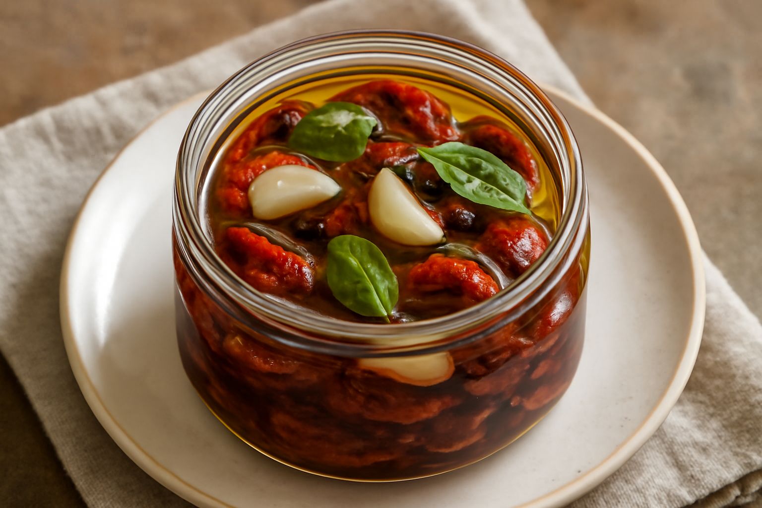Barattolo di vetro con pomodori secchi rosso scuro immersi in olio dorato, aglio e basilico fresco, poggiato su un tavolo di legno con luce naturale che illumina i pomodori semi-trasparenti