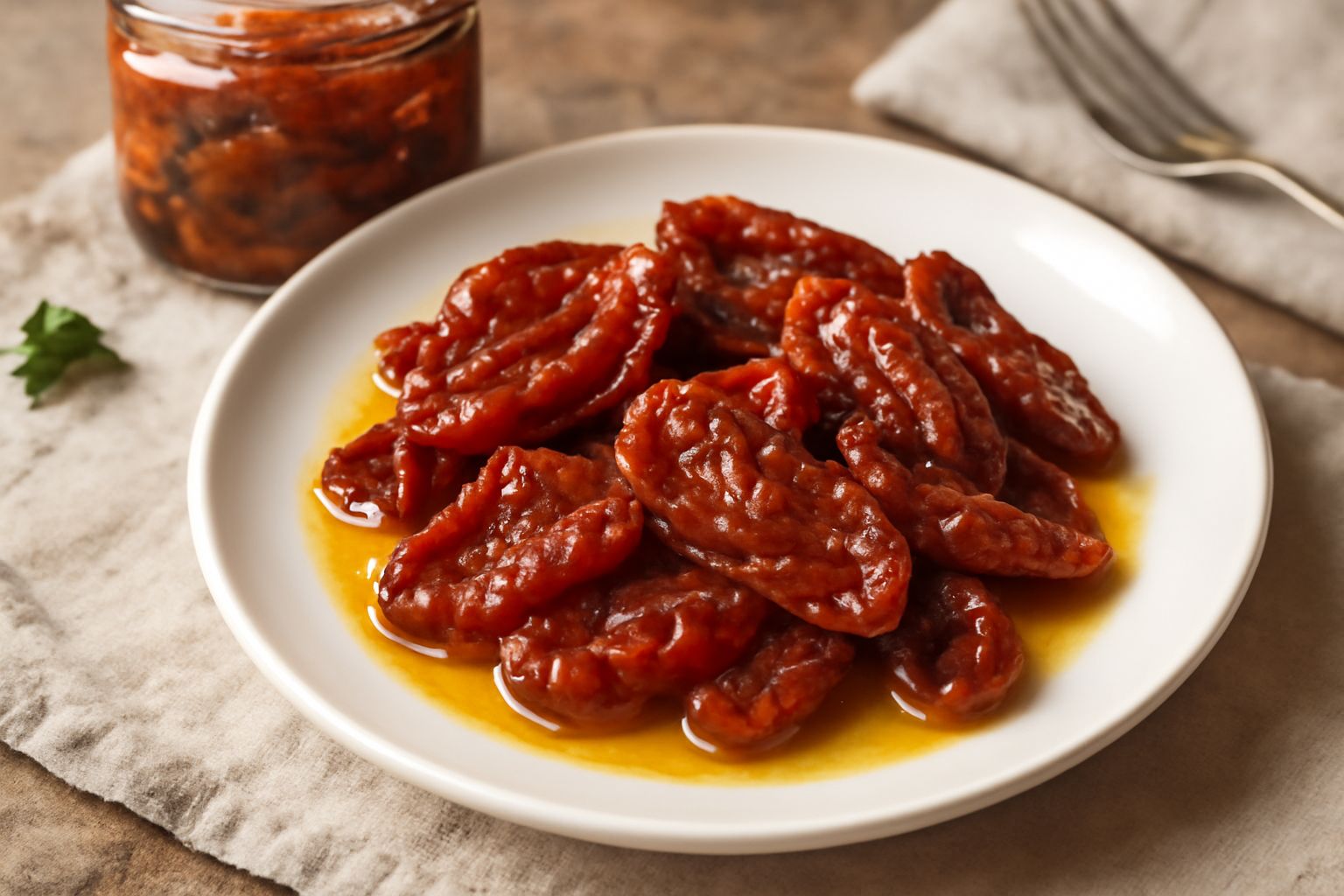 Vasetto di vetro con pomodori secchi rossi brillanti immersi in olio trasparente, aglio e rametti di origano visibili, luce naturale che illumina i colori scuri e l'oro dell'olio