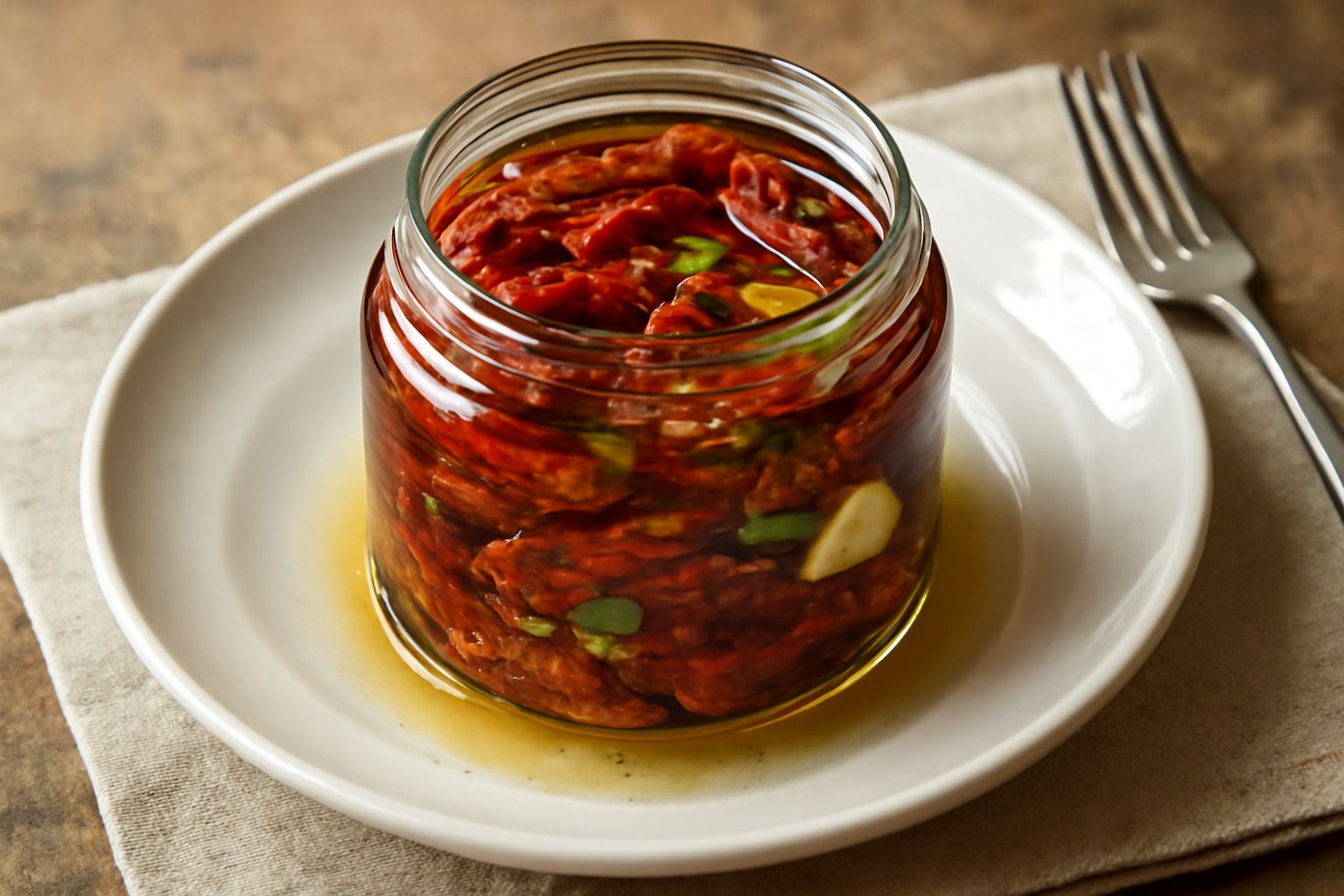Vasetto di vetro trasparente pieno di pomodori secchi rosso scuro immersi in olio chiaro, con spicchi d'aglio e foglie di origano fresco visibili, su un tavolo di legno naturale con luce diurna