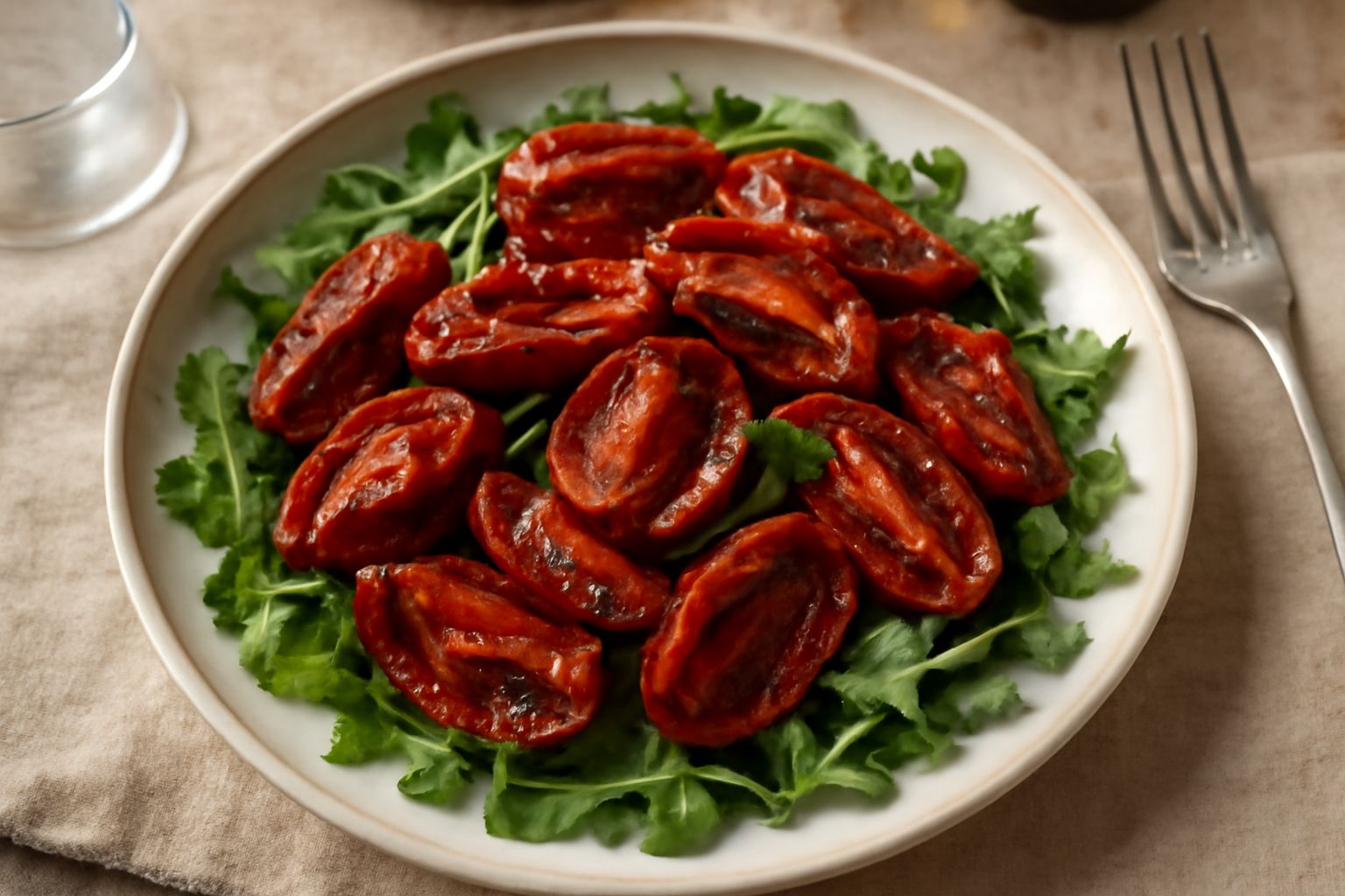 Insalata in ciotola di ceramica con pomodori rossi scuri interi tagliati a metà, verdure fresche, foglie di basilico verde, filo d'olio d'oliva lucido sulla superficie