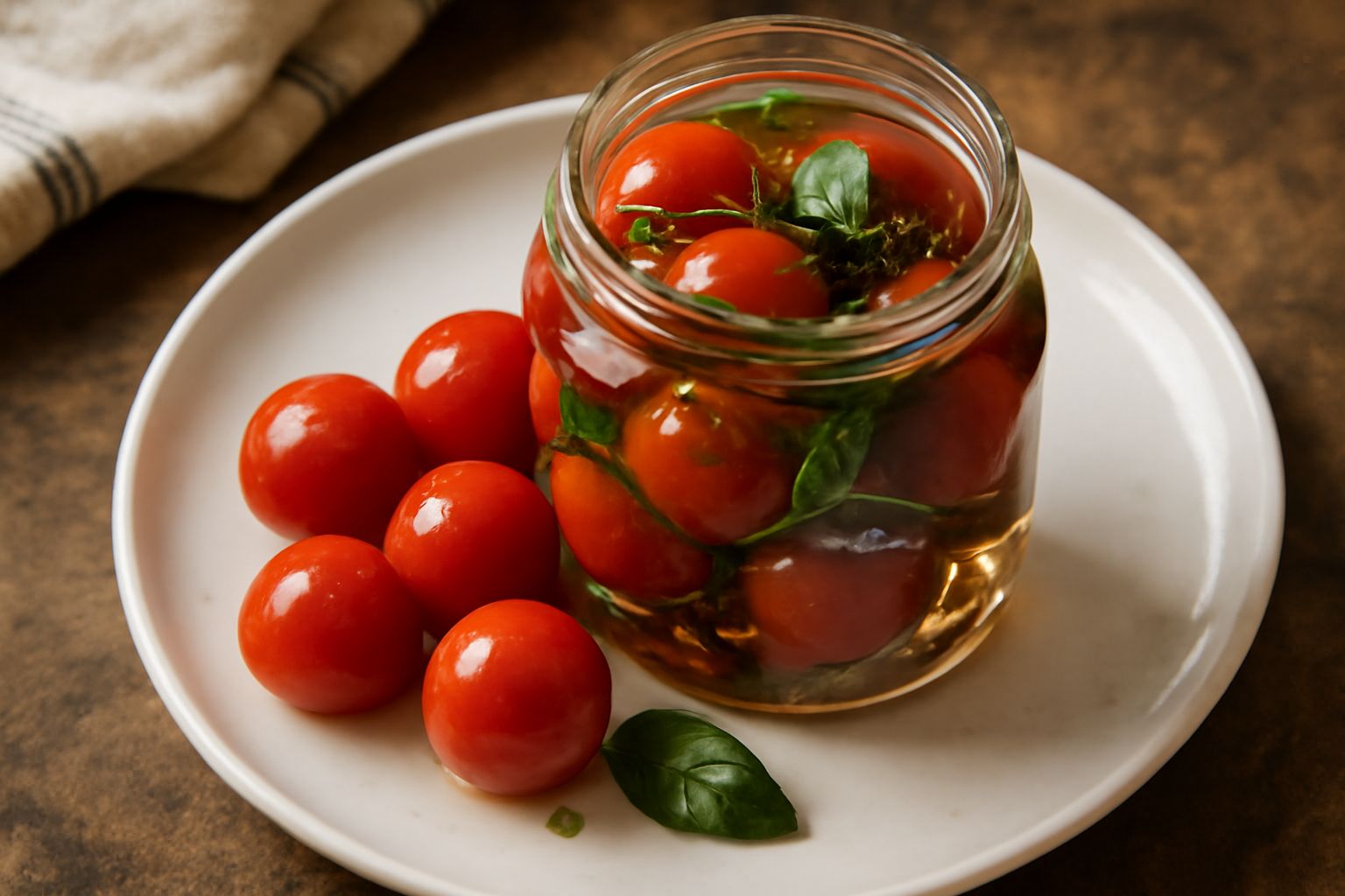 Barattolo di vetro con pomodori rossi piccoli interi sott'aceto, visibili spezie e foglie di basilico, con liquido trasparente e aceto, su sfondo bianco