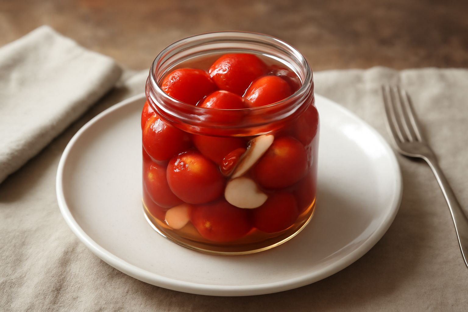 Barattolo di vetro trasparente con pomodorini rossi interi immersi in liquido trasparente acidulo, aglio spicchi e peperoncini rossi visibili tra i pomodori, etichetta bianca sul coperchio