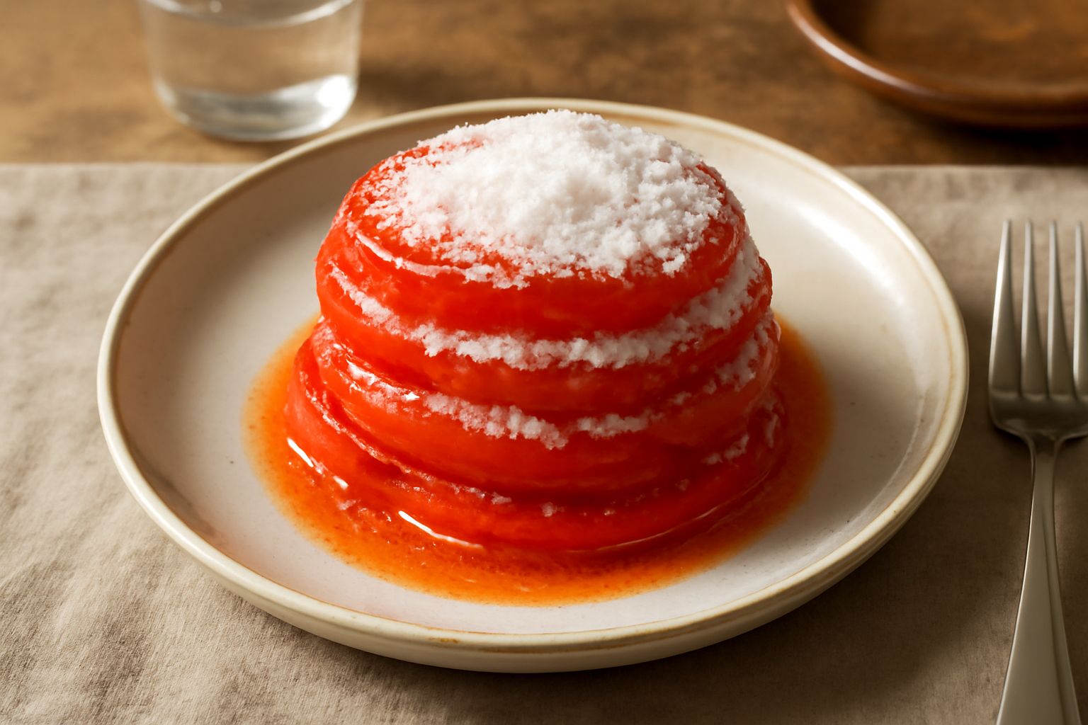 Barattolo di vetro pieno di pomodori rossi e gialli tagliati a metà coperto di sale grosso bianco, su un tavolo di legno scuro con accanto altri pomodori freschi
