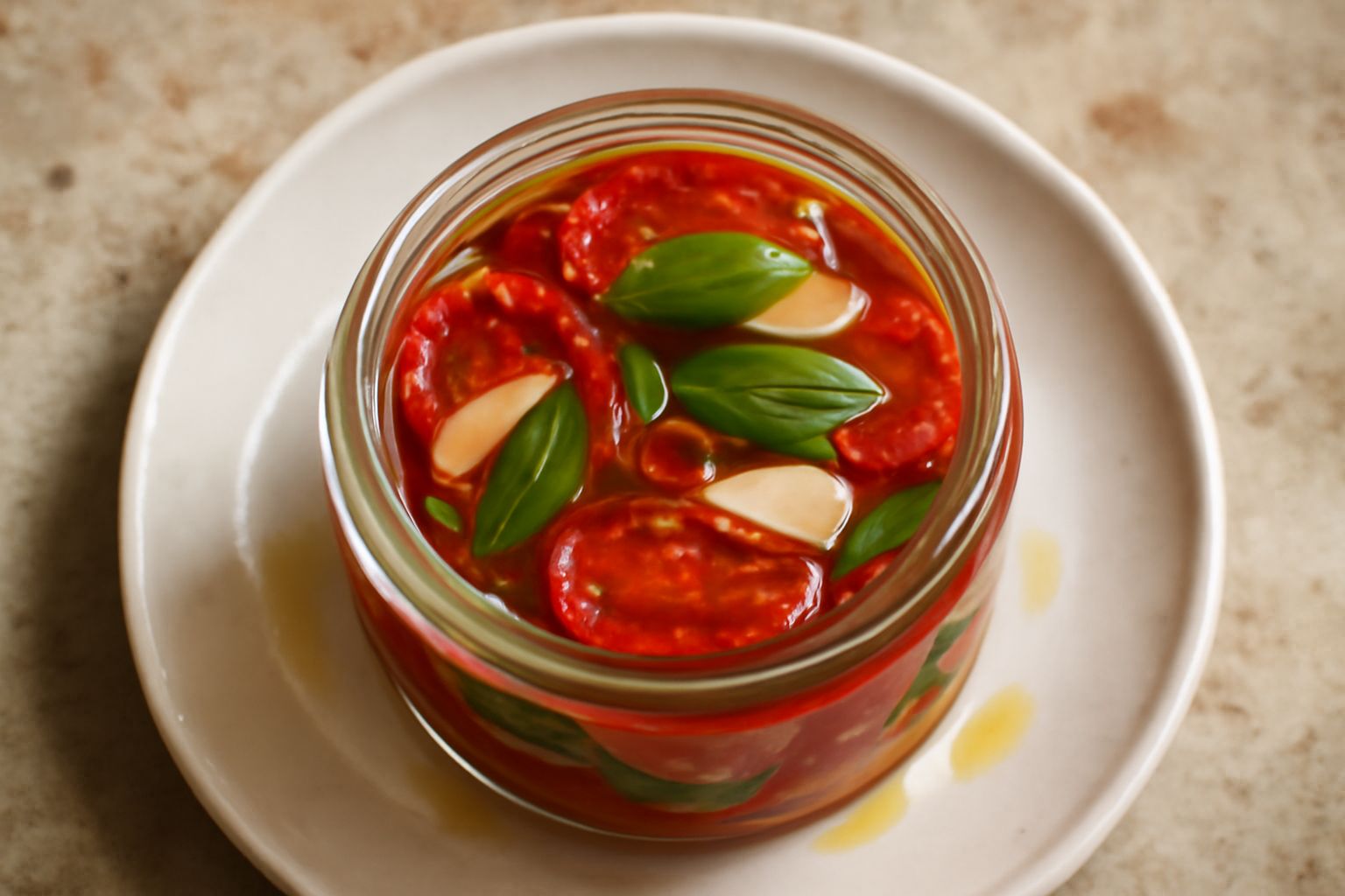Barattolo di vetro trasparente con pomodori rossi spaccati e pelati ricoperti di olio d'oliva dorato, con aglio, basilico fresco e peperoncino in superficie, su fondo bianco