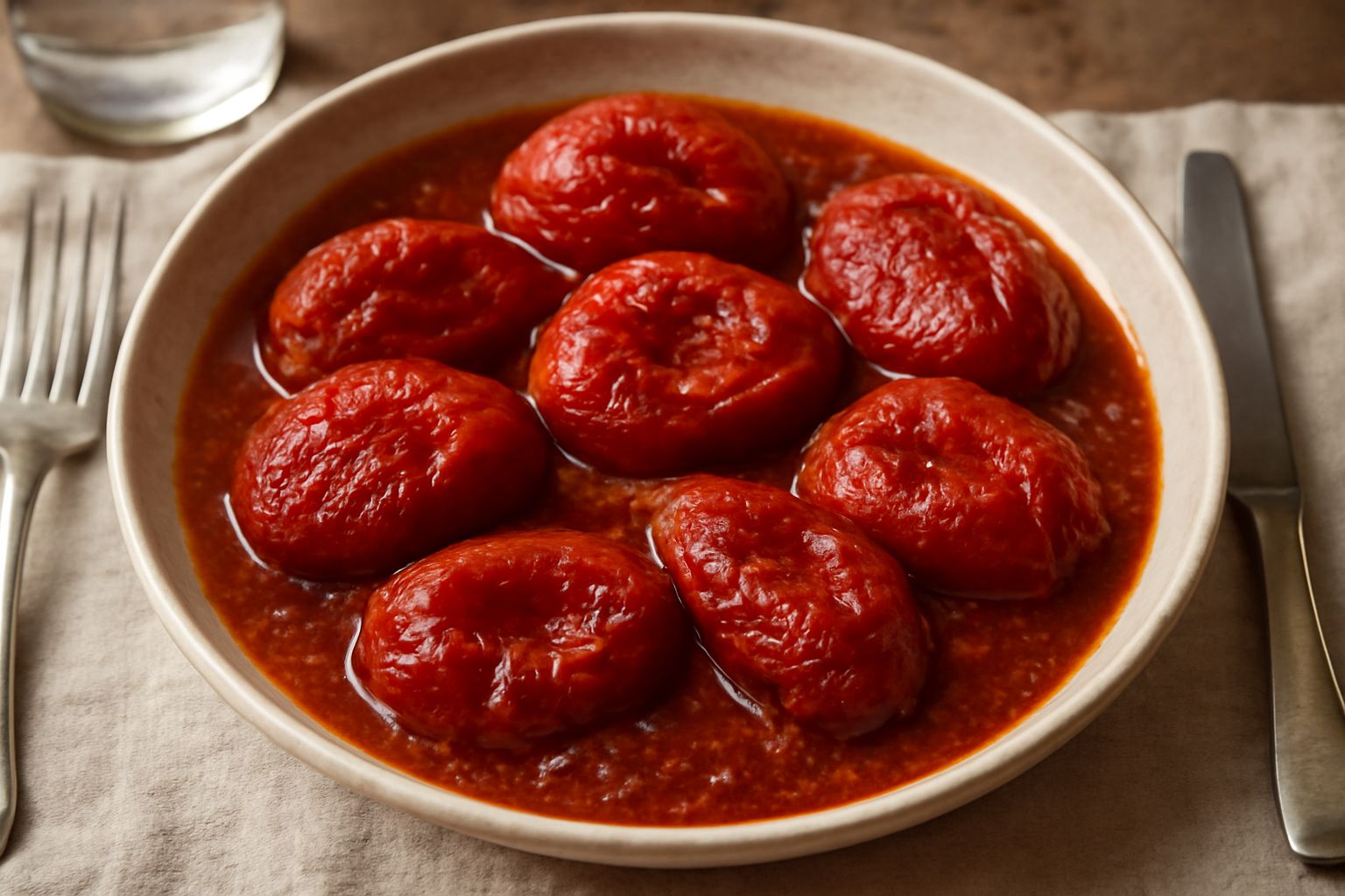 Pomodori stufati in una padella larga, rossi brillanti, morbidi ma interi, con gocce di olio trasparente e aglio leggermente dorato tra i pomodori