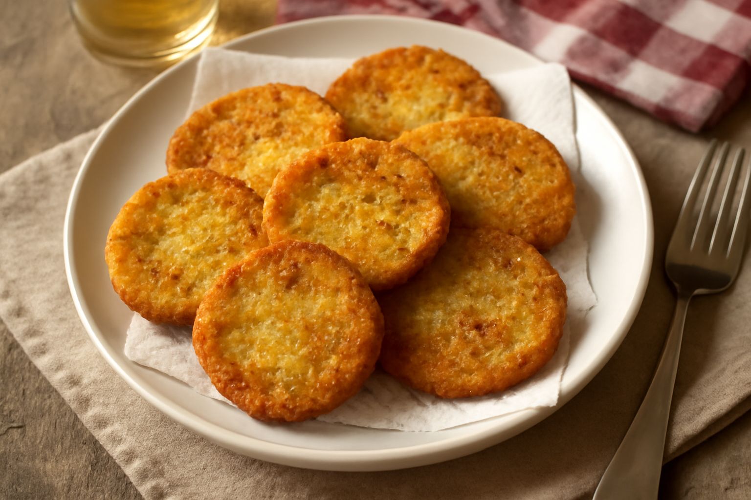 Pomodori verdi fritti dorati e croccanti disposti su carta assorbente, con una leggera doratura uniforme, circondati da fette di pomodoro fresco non cotto