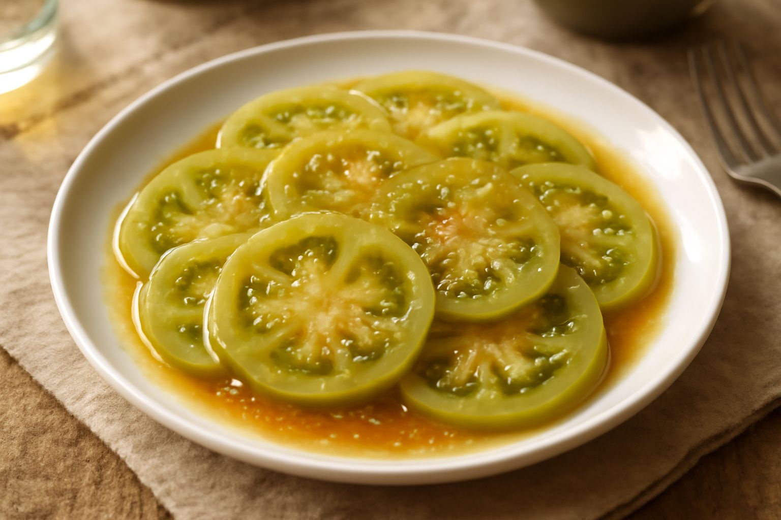 Pomodori verdi affettati in un piatto bianco con salsa agrodolce trasparente, cristalli di aceto visibili, foglie di basilico fresco e sfondo neutro
