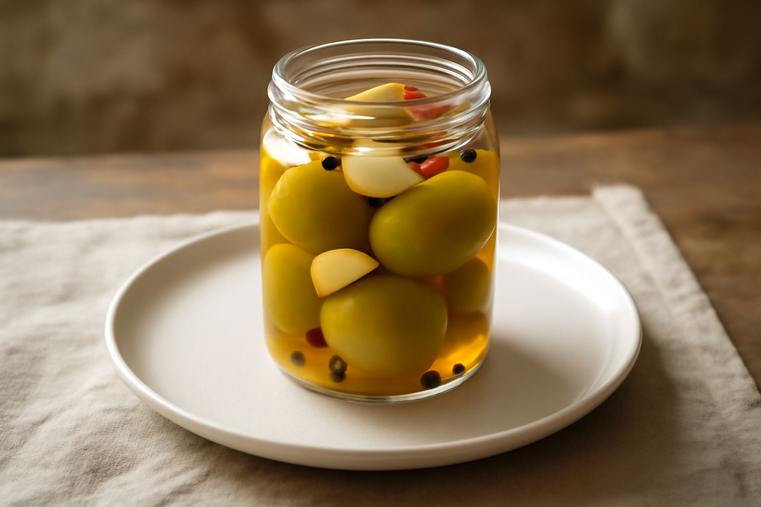 Vasetto di vetro con pomodori verdi interi in conserva sott'aceto, con foglie di basilico fresco, aglio e peperoncino visibili nel liquido trasparente giallastro, sfondo bianco
