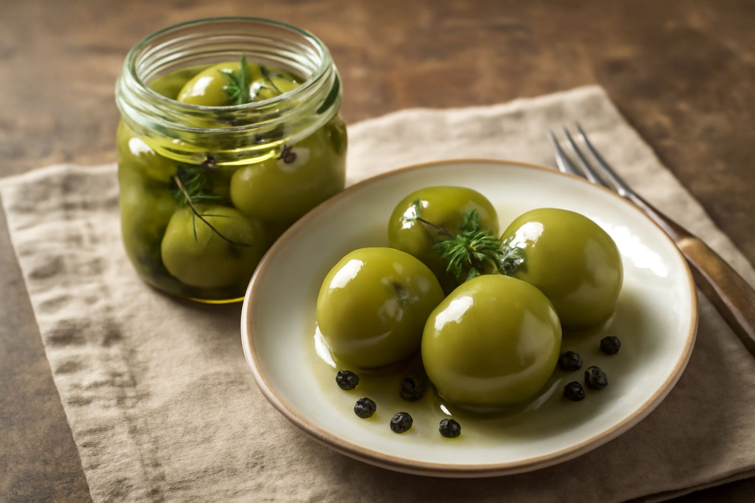 Vasetto di vetro trasparente con pomodori verdi interi immersi in liquido trasparente con aceto, foglie di basilico e pepe nero visibile, tappo ermetico chiuso, sfondo bianco da cucina