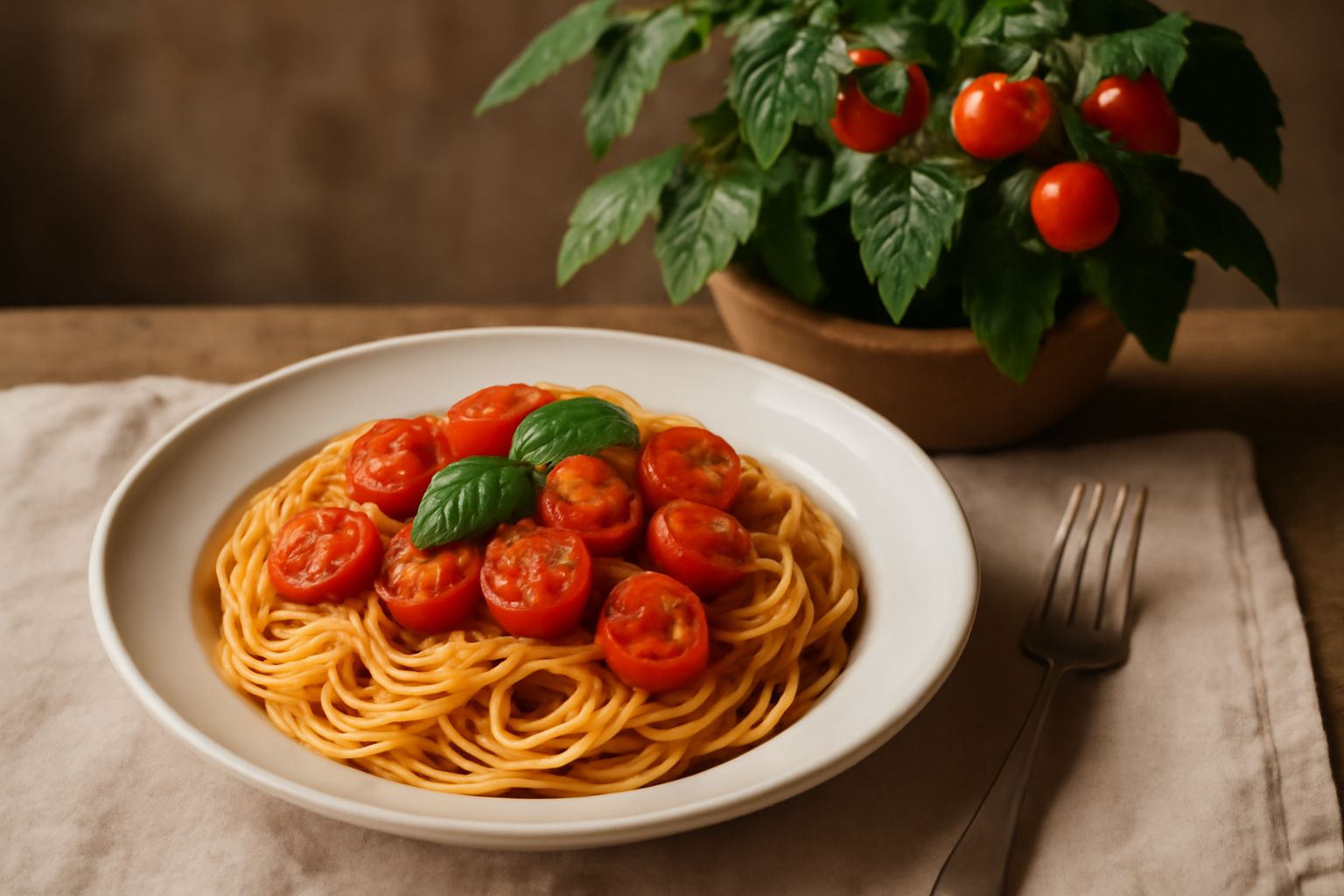 Pianta di pomodorini con frutti rossi maturi e foglie verdi in un vaso di terracotta sul balcone, con sole che illumina i pomodori