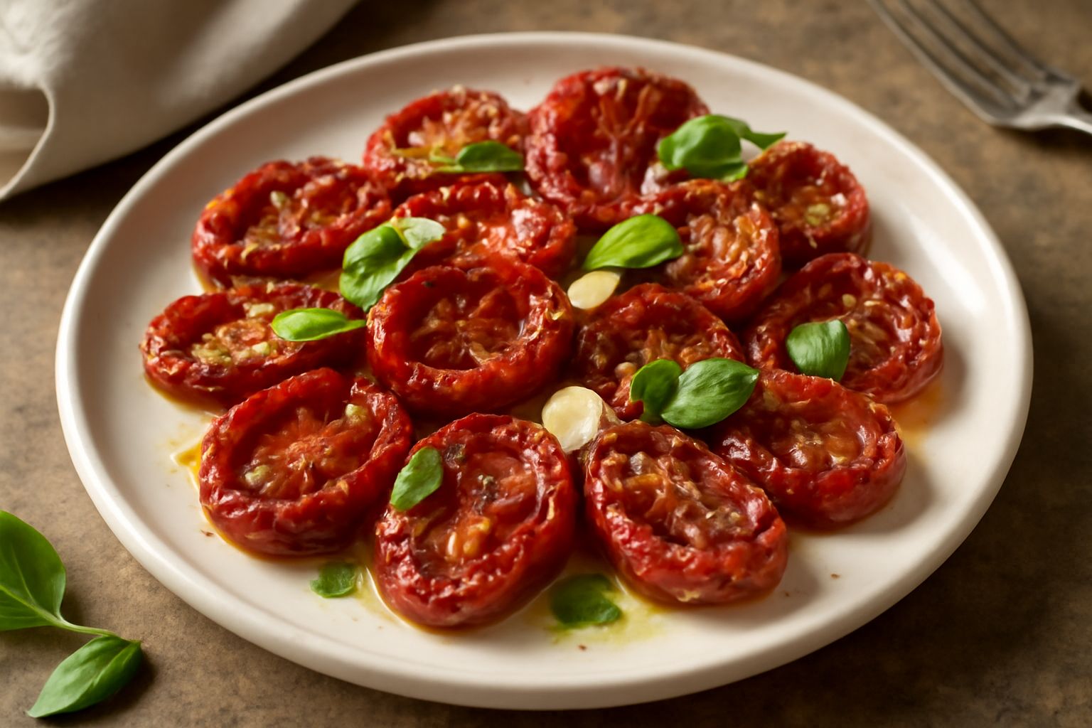 Vasetto trasparente con pomodorini secchi rosso scuro in olio d'oliva, con aglio e basilico fresco accanto su un tavolo di legno chiaro