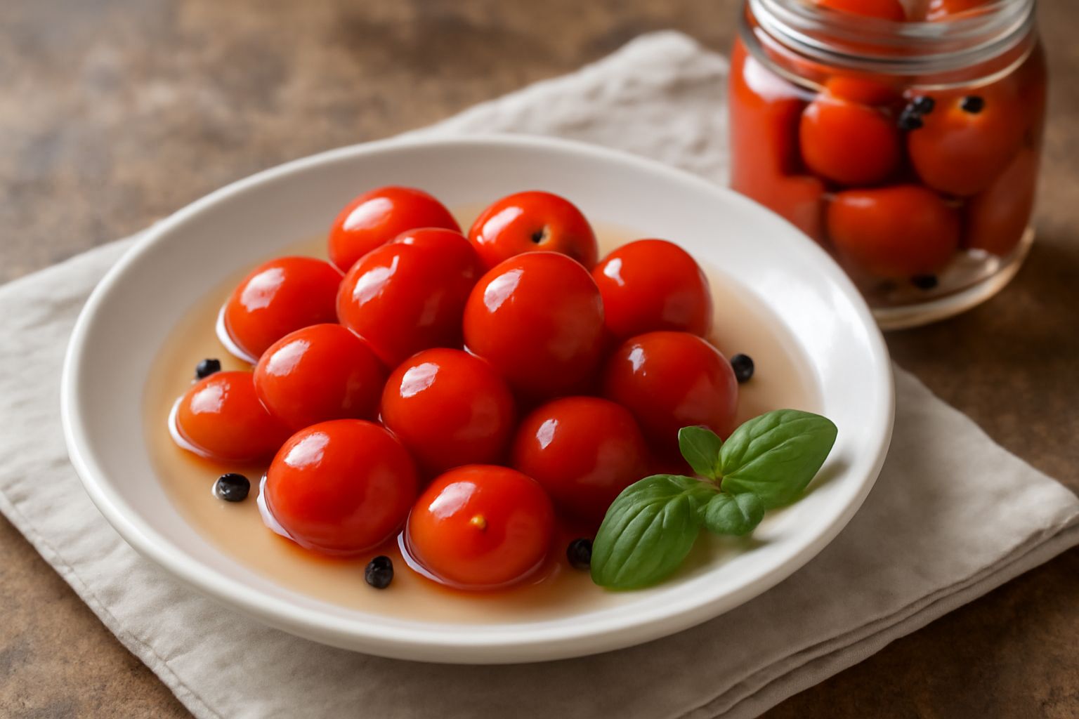 Barattolo di vetro trasparente con pomodorini rossi interi e chicchi di pepe nero in liquido trasparente, etichetta bianca arrotolata attorno, sfondo bianco da cucina