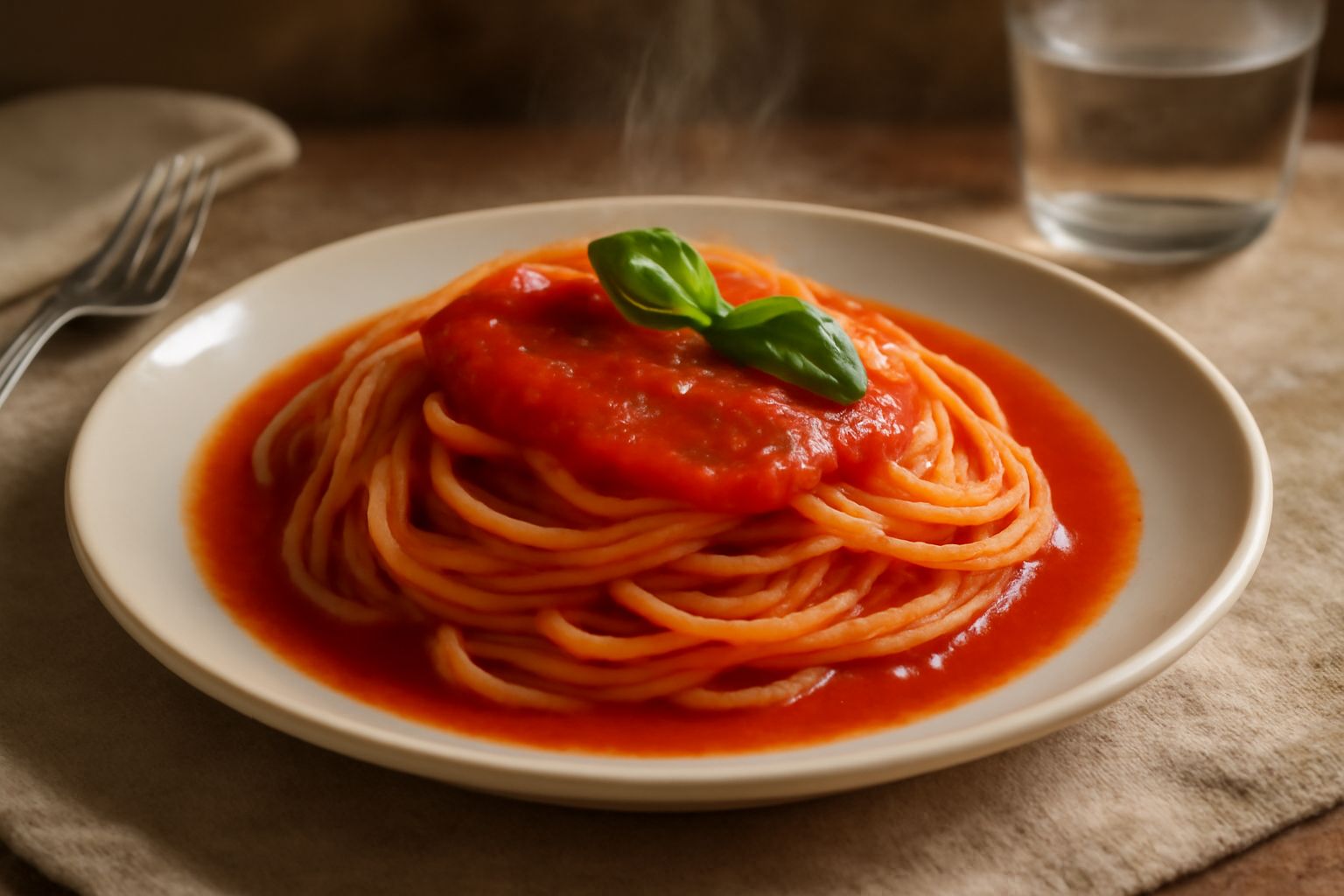 Una ciotola di porcellana bianca riempita di sugo di pomodoro rosso brillante e denso, con gocce d'olio che galleggiano in superficie e qualche foglia di basilico fresco adagiata sopra