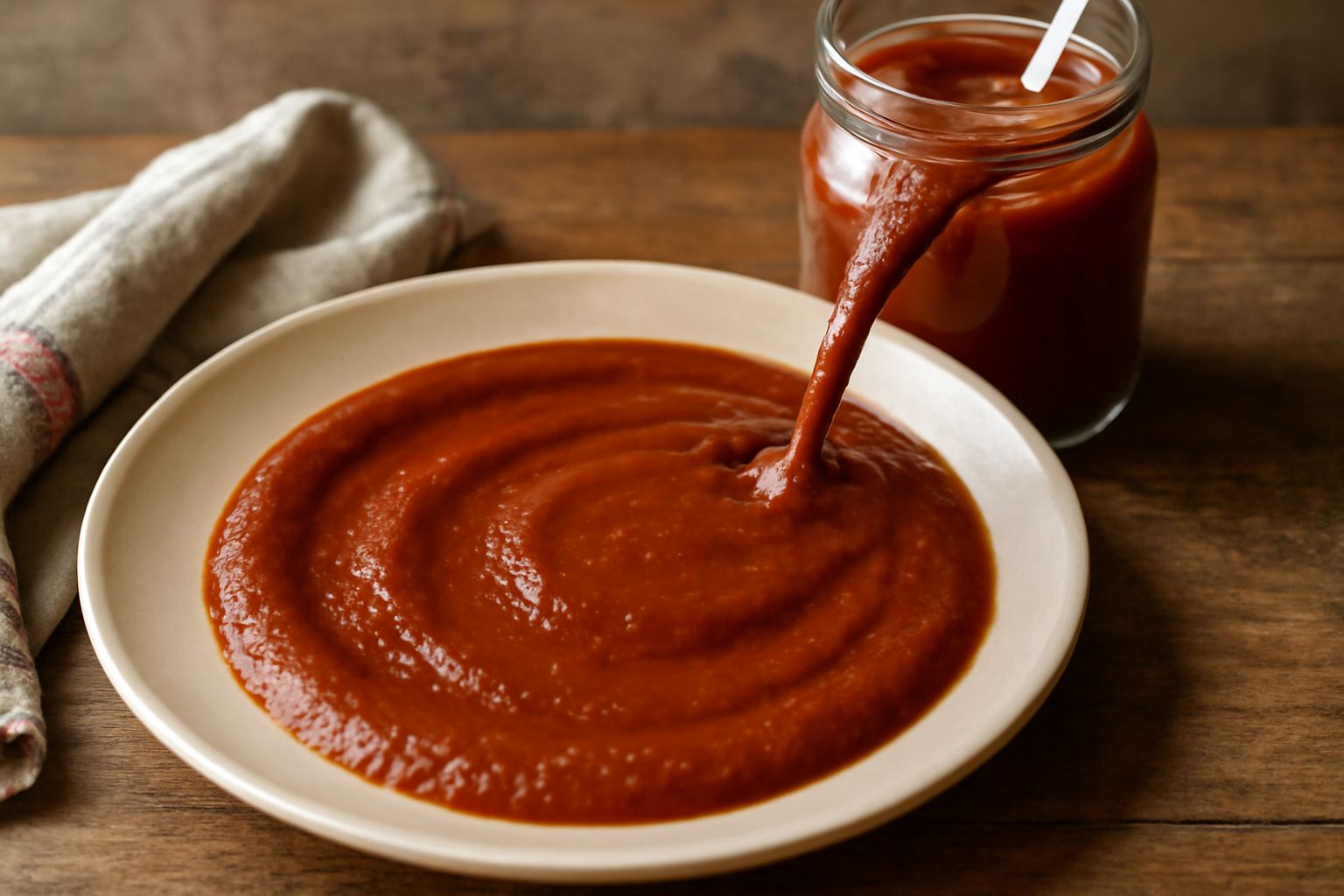 Un vasetto di vetro trasparente riempito di pomodoro passato rosso scuro e denso, con una cucchiaiata che esce dal barattolo. Di lato, pomodori rossi freschi e un mestolo in legno bagnato di sugo. Sfo