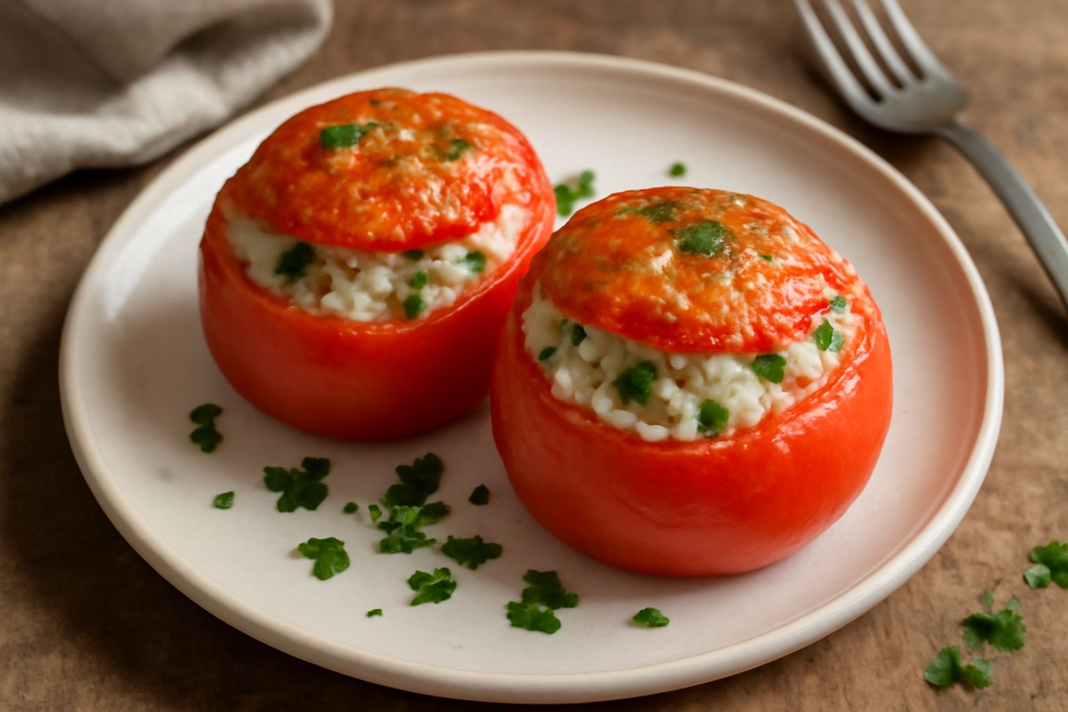 Tre pomodori rossi ripieni di riso bianco e verdure verdi, tagliati a metà, disposti in una pirofila da forno con contorno di prezzemolo fresco, surface lieve di olio d'oliva