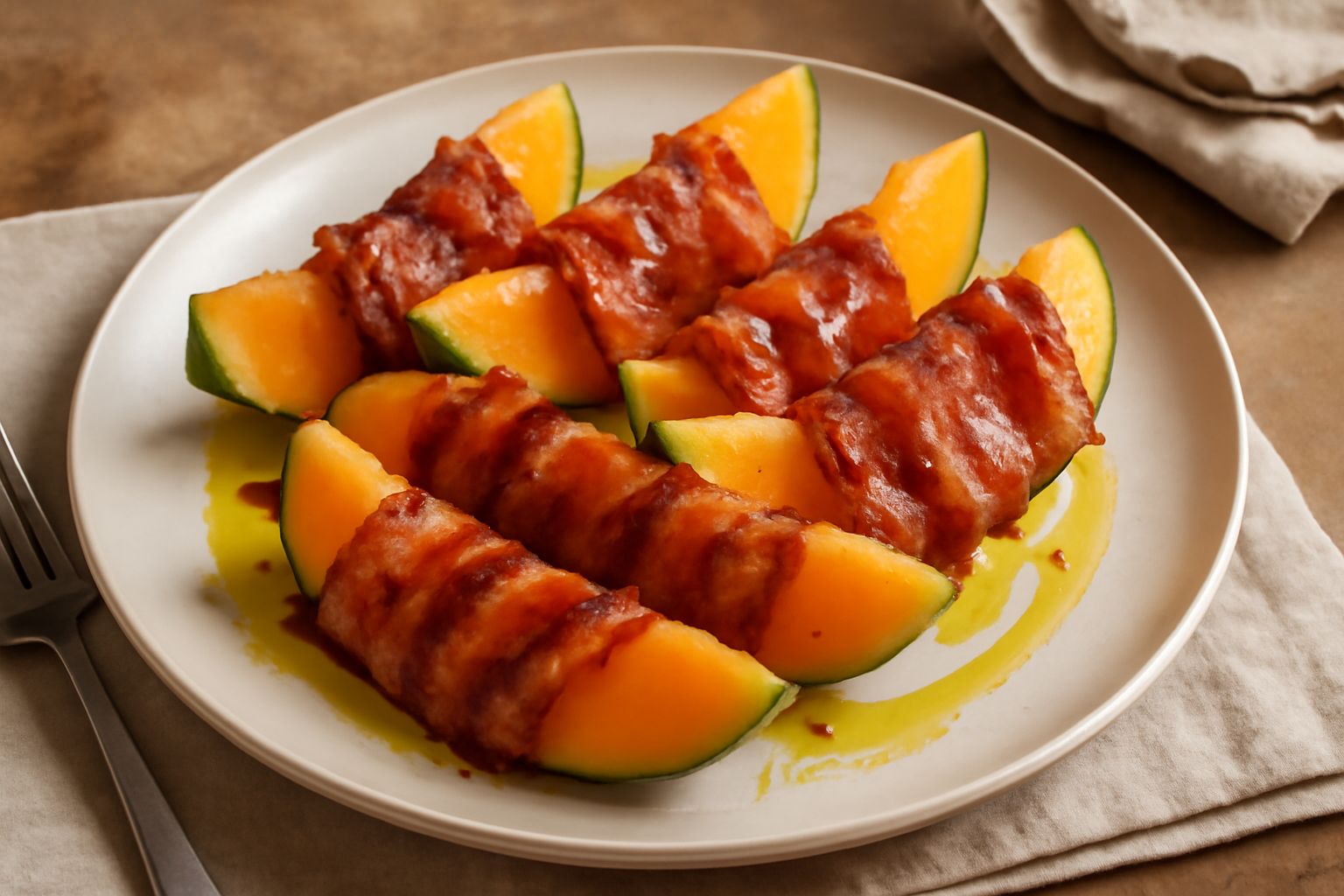 Fette di melone giallo-arancio alternate a strisce di pancetta croccante e dorata, disposte su un piatto bianco, con un leggero condimento di olio d'oliva