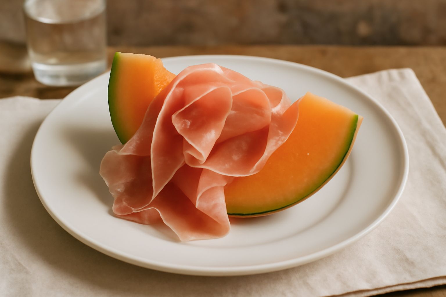 Popone tagliato a fette coperto da strisce di prosciutto crudo rosa, disposto su un piatto bianco con qualche foglia di menta fresca, condito con olio extravergine e pepe nero