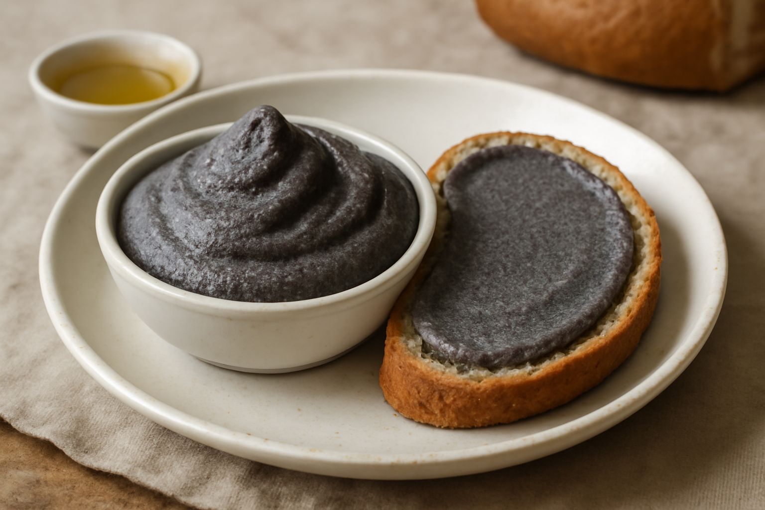 Un barattolo di vetro pieno di crema di semi di papavero grigia e uniforme, accanto a una fetta di pane tostato e uno spicchio di limone fresco, su una tavola di legno chiaro
