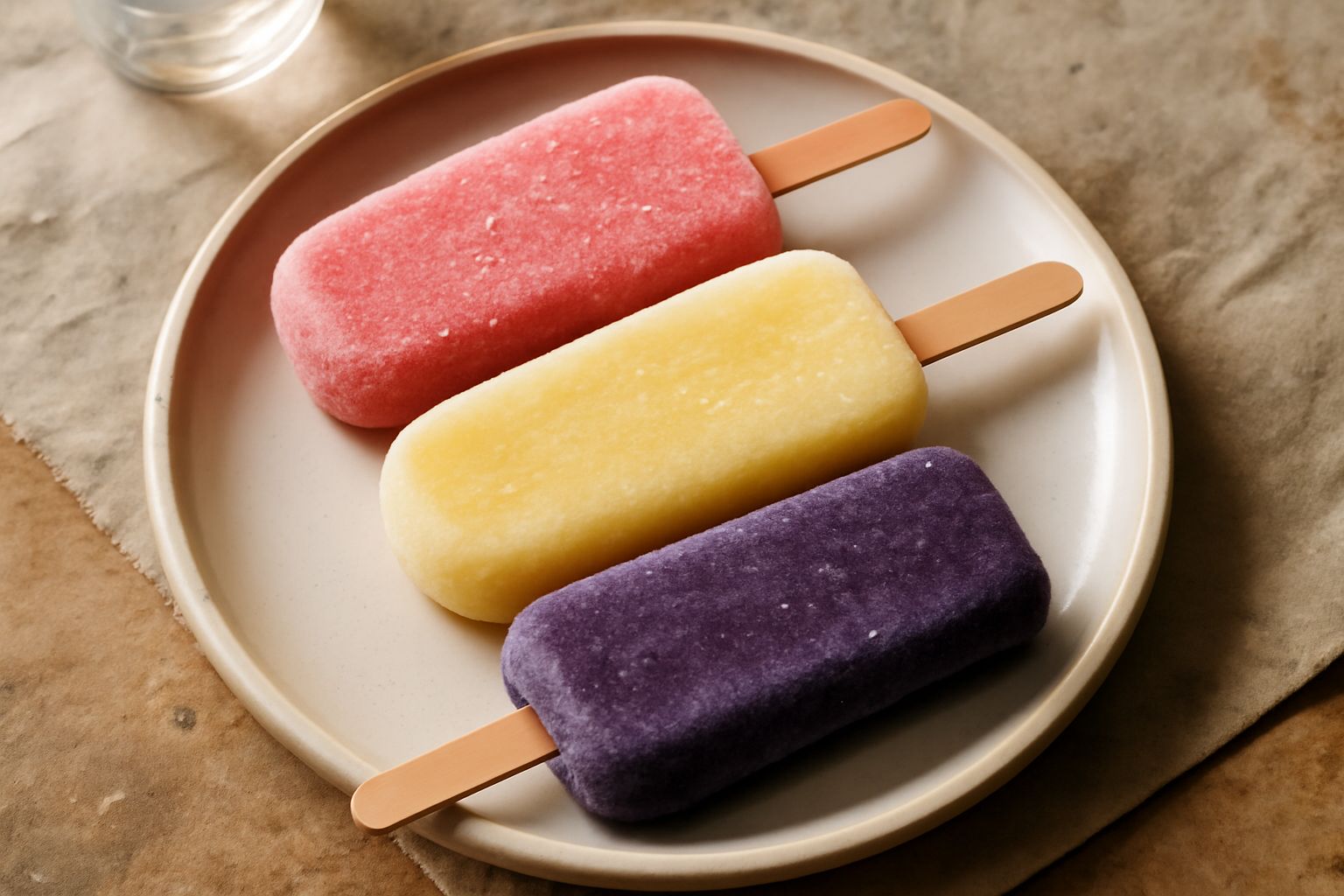 Sei ghiaccioli colorati appena sfornati dal freezer, dal rosa fragola al giallo banana, disposti in cerchio su un piatto bianco con gocce di condensa e bastoncini di legno visibili