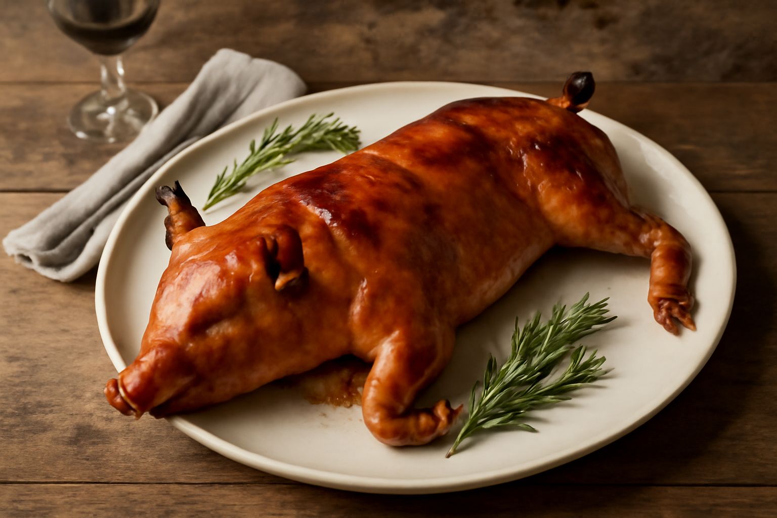 Maialino da latte intero arrosto dorato e croccante, pelle leggermente affumicata, appoggiato su un tagliere di legno con rametti di rosmarino, timo e salvia fresca intorno