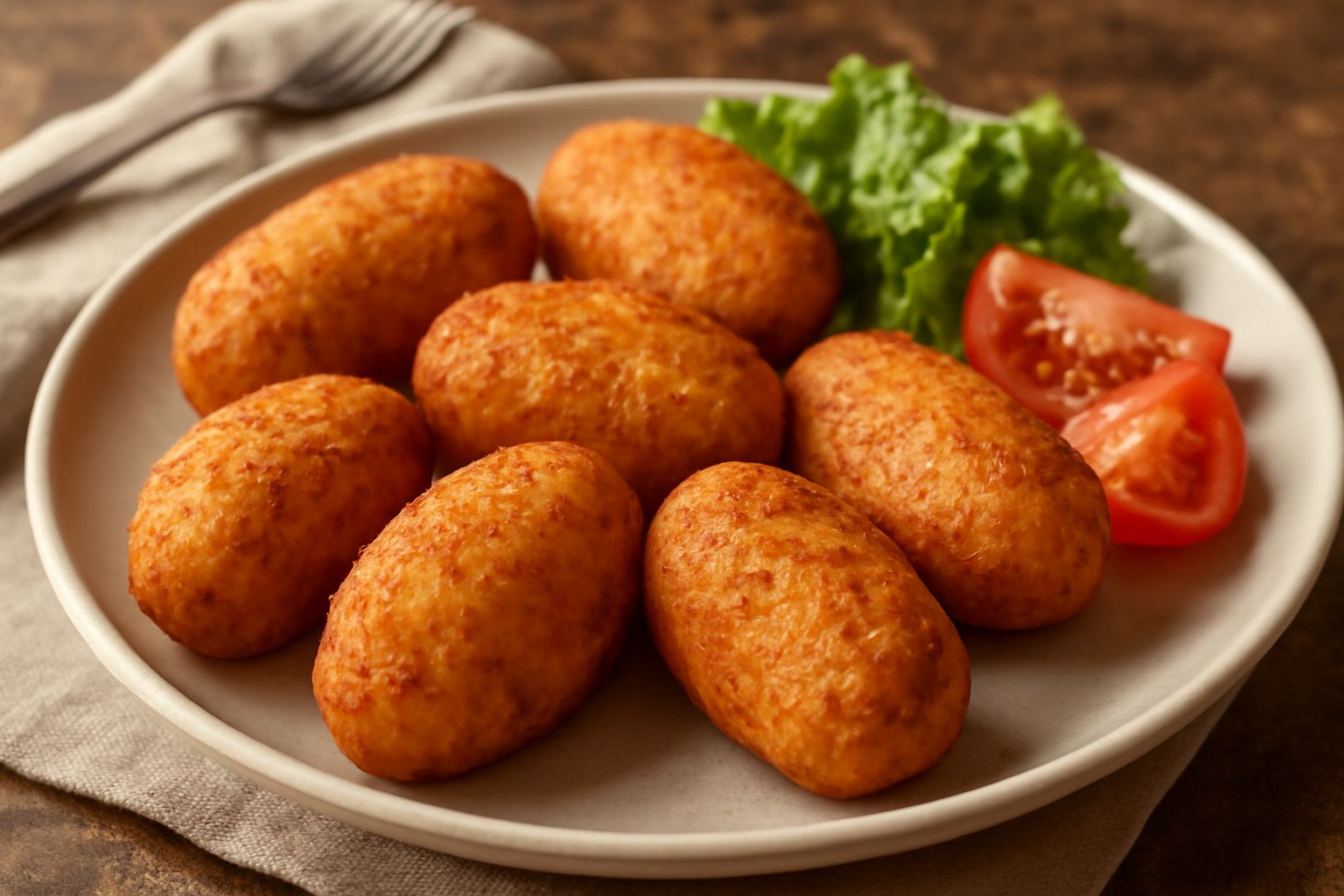 Porceddus de patatas dorati e croccanti disposti su un piatto bianco, con patate intere accanto e una ciotola di salsa di pomodoro sfocata in background