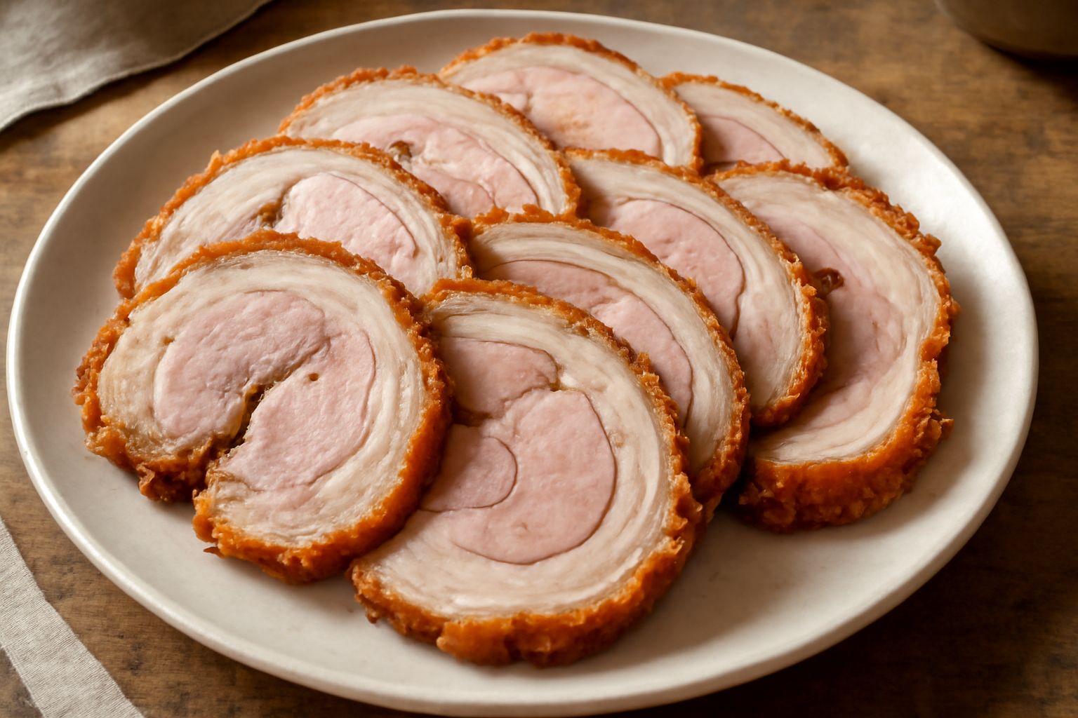 Fette di porchetta affettata color rosa pallido con strisce di grasso bianco, disposte a ventaglio su un piatto bianco. La pelle è dorata e croccante. Intorno, un contorno di pane tostato e insalata v